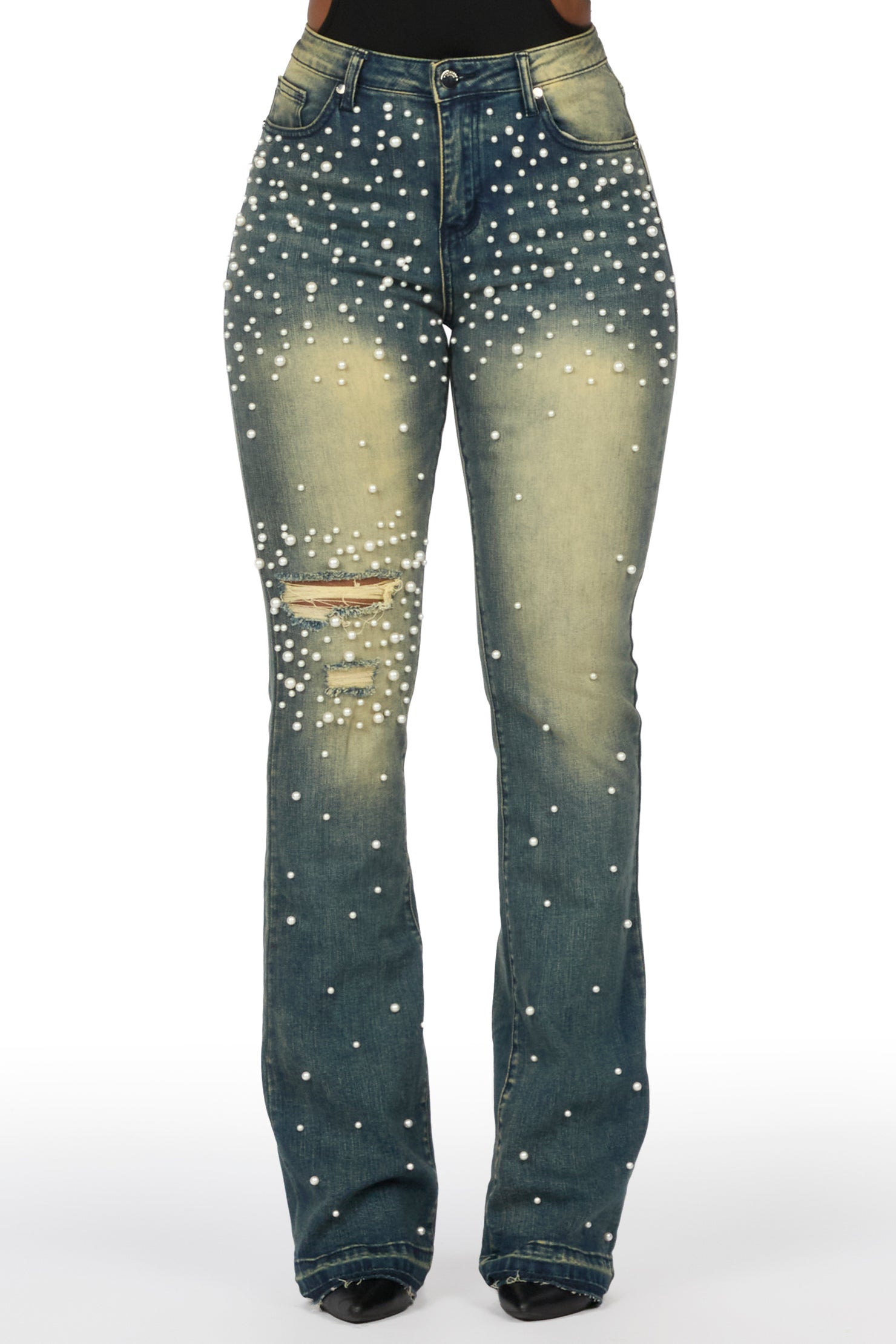 Jeannine Med.Wash Pearl Stacked Flare Jean
