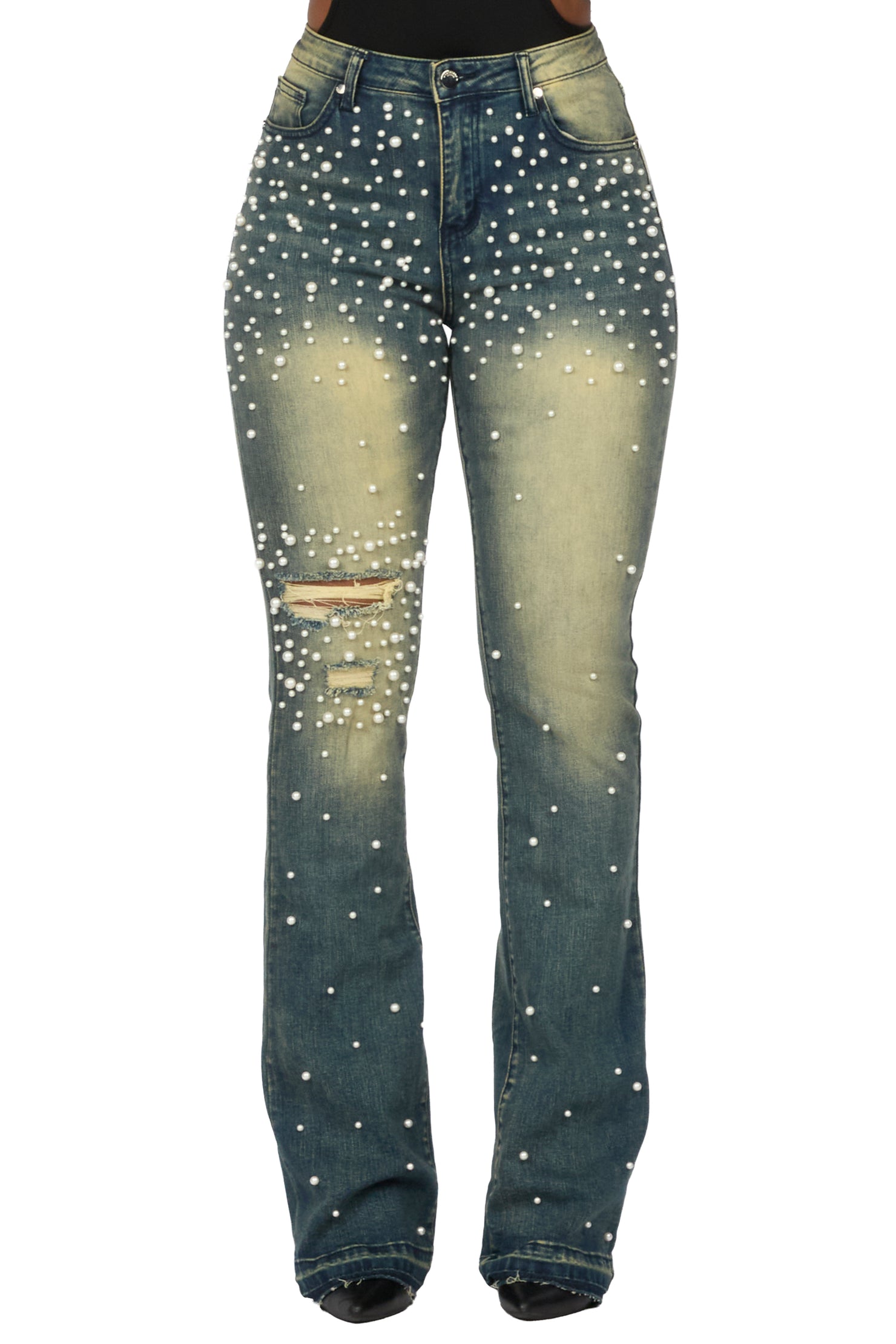 Jeannine Med.Wash Pearl Stacked Flare Jean