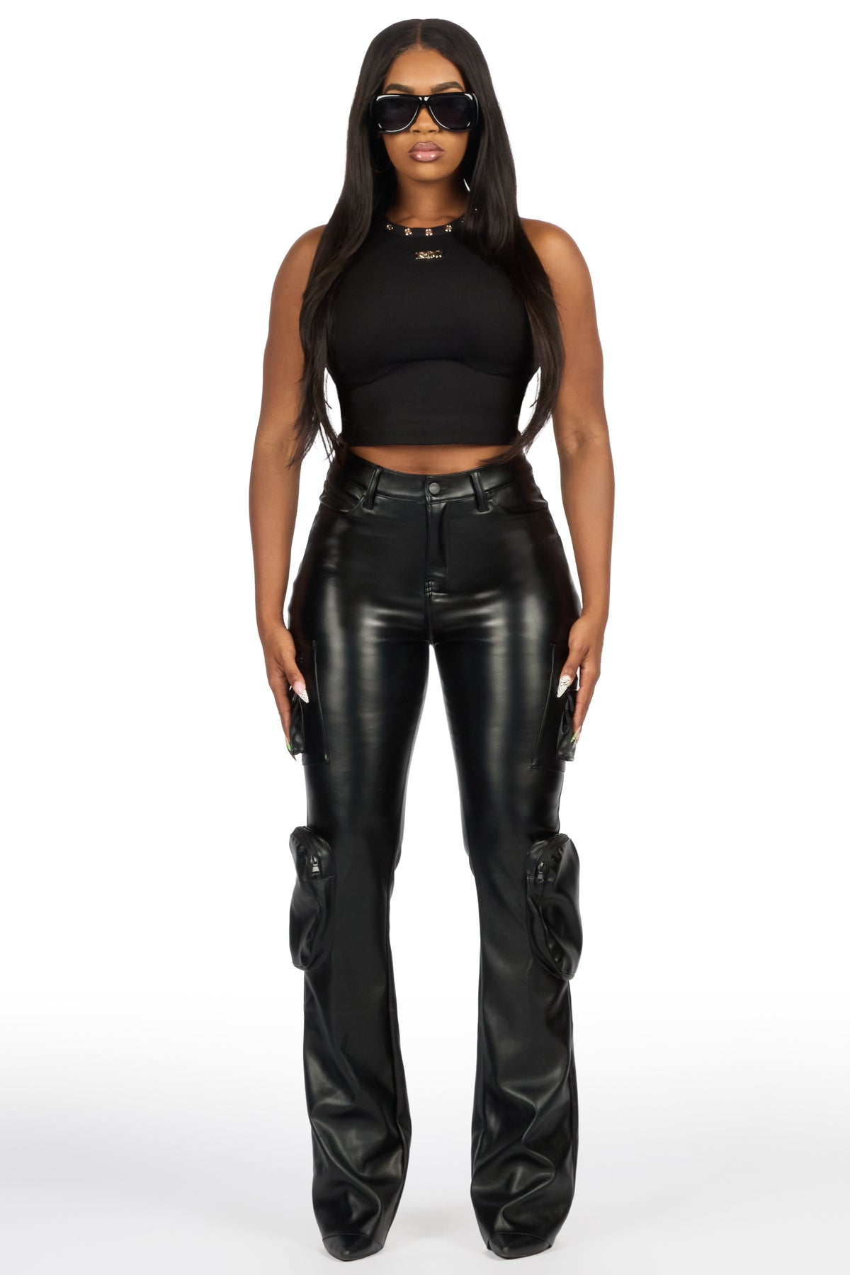 Luxola Black PU Cargo Stacked Flare Pant