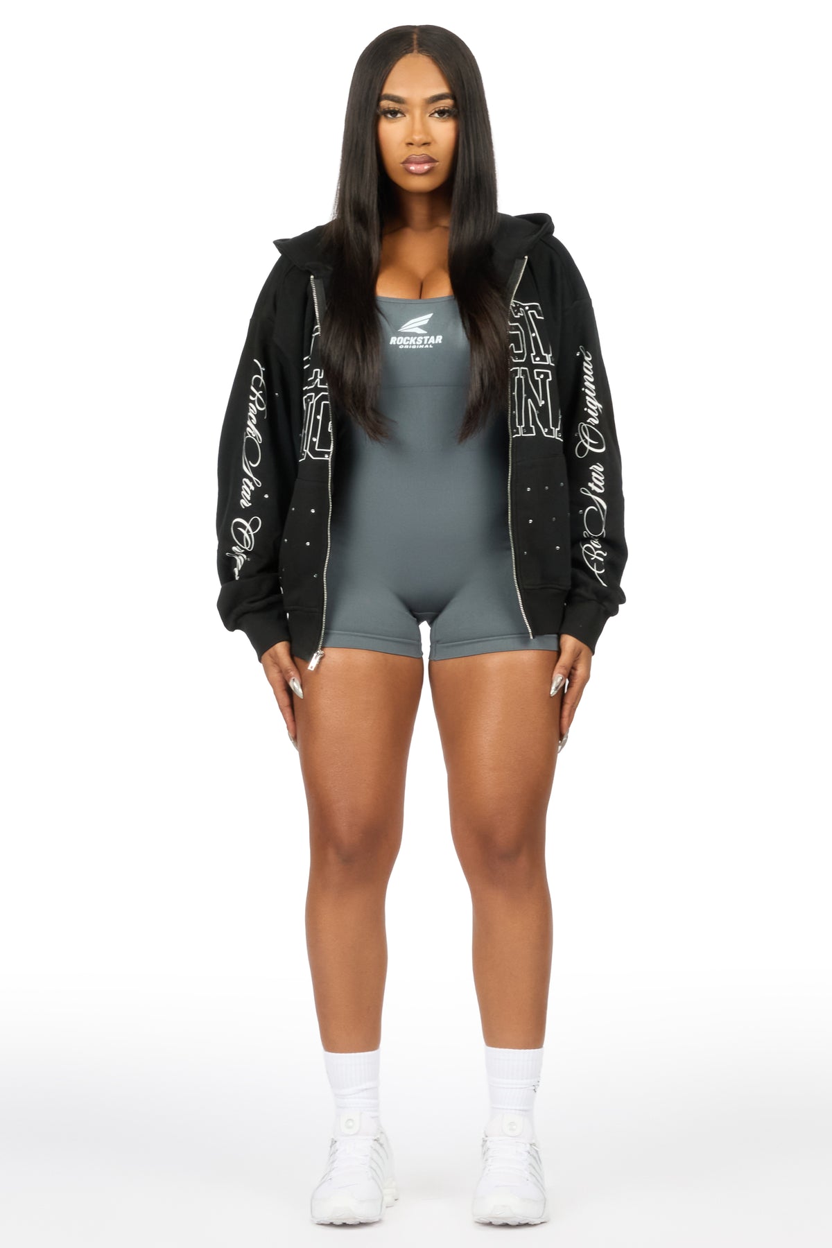 Alvina Black Rhinestone Zip Up Hoodie