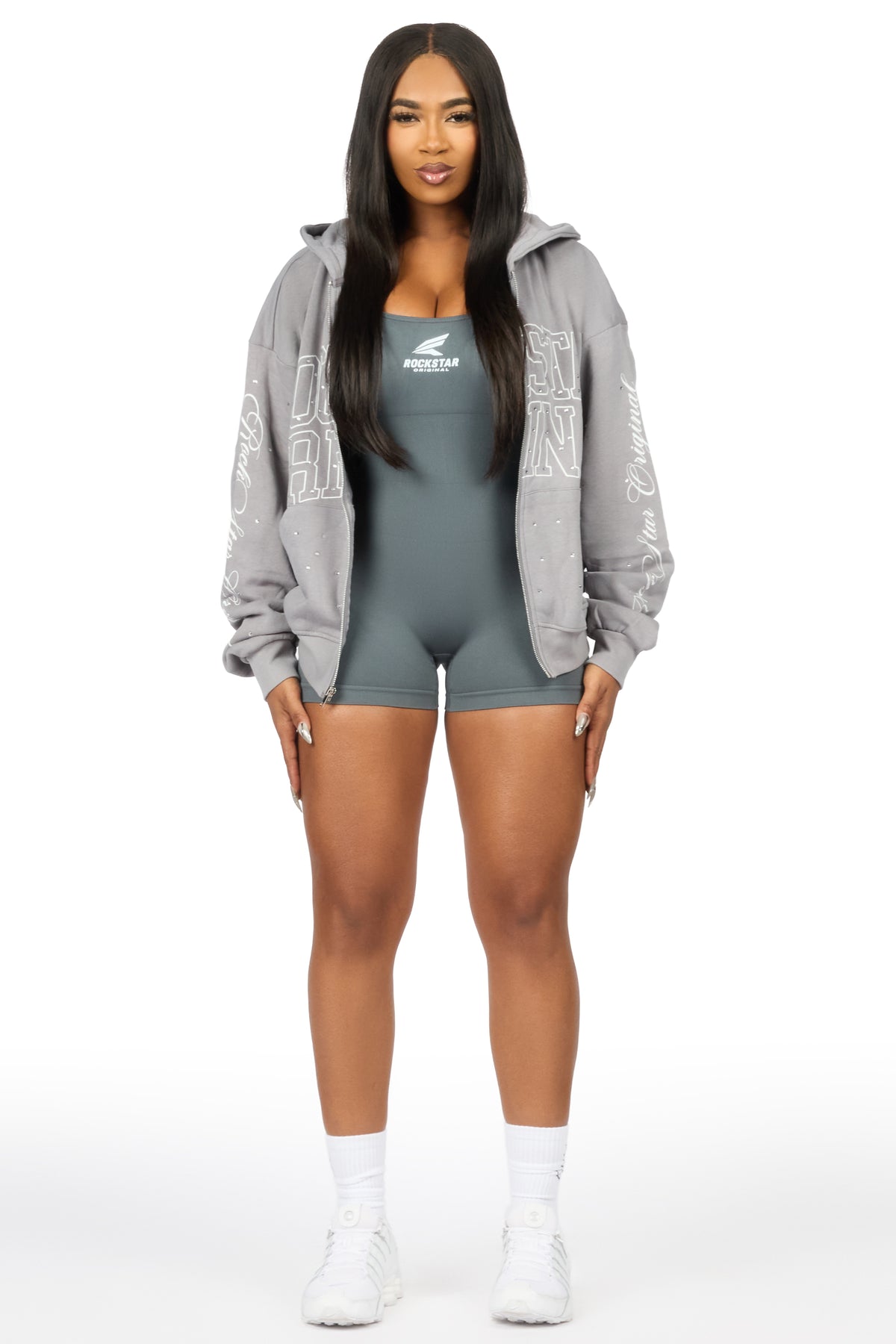 Alvina Grey Rhinestone Zip Up Hoodie
