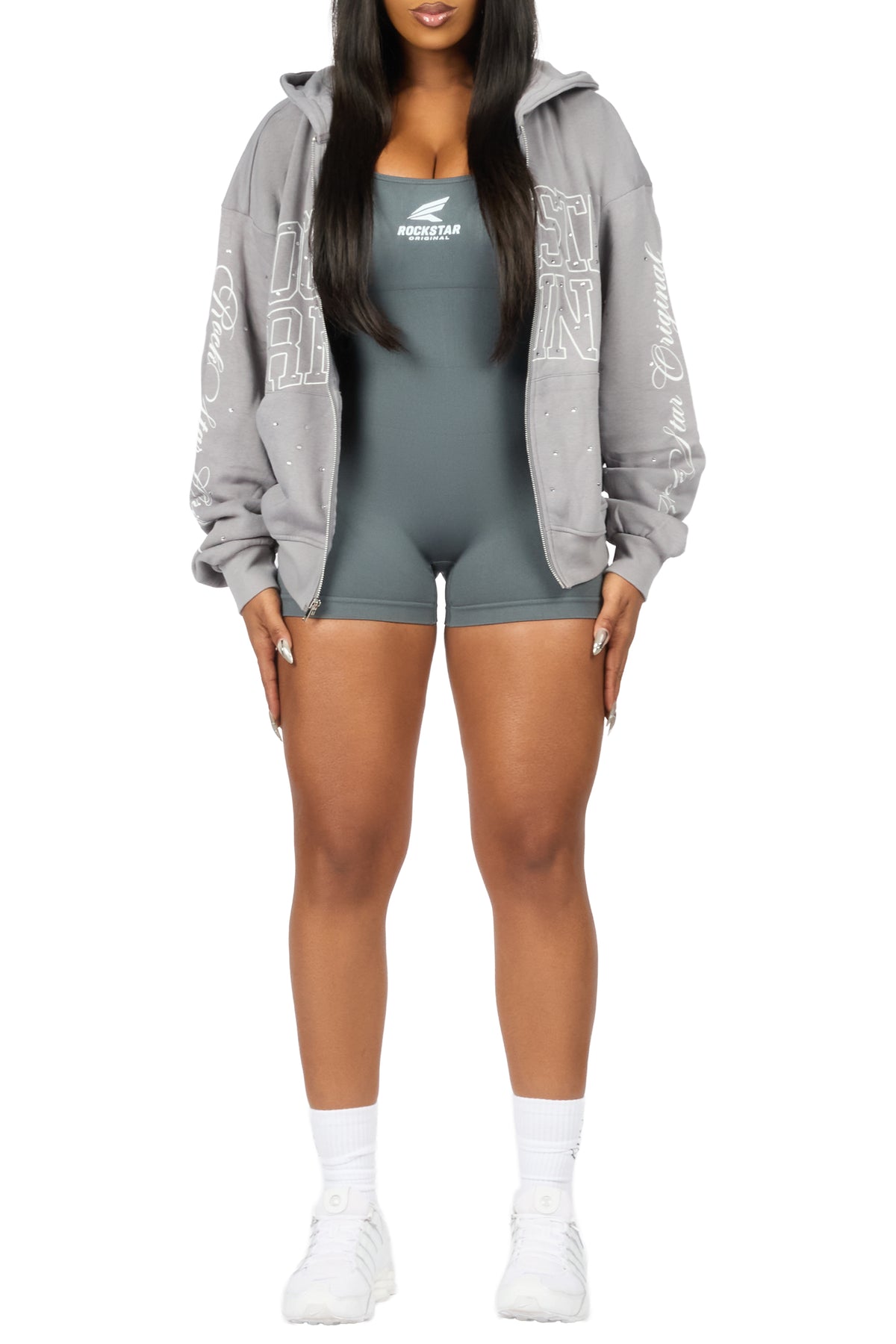 Alvina Grey Rhinestone Zip Up Hoodie