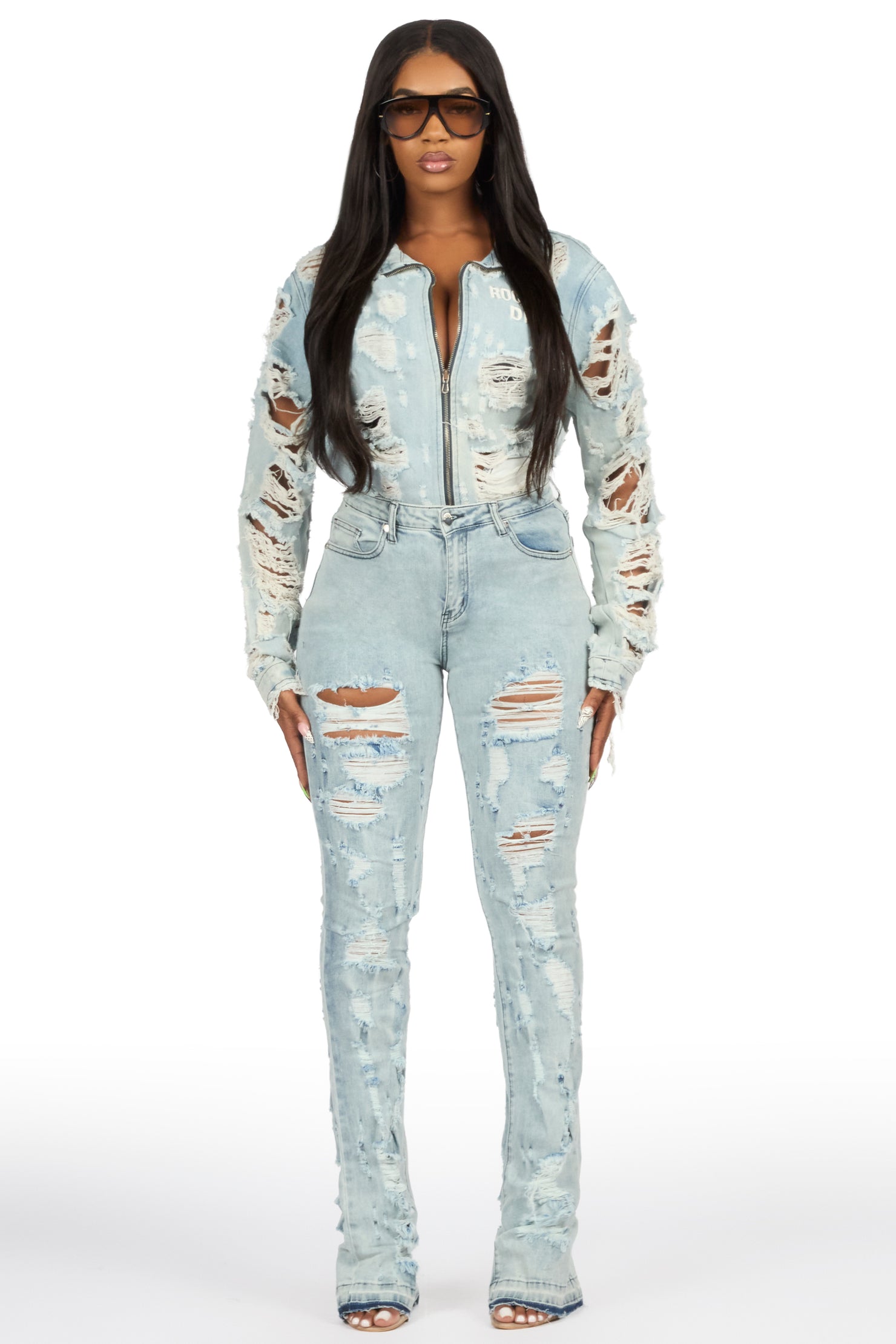 Fara Light Wash Denim Jacket & Fara Stacked Jean Set
