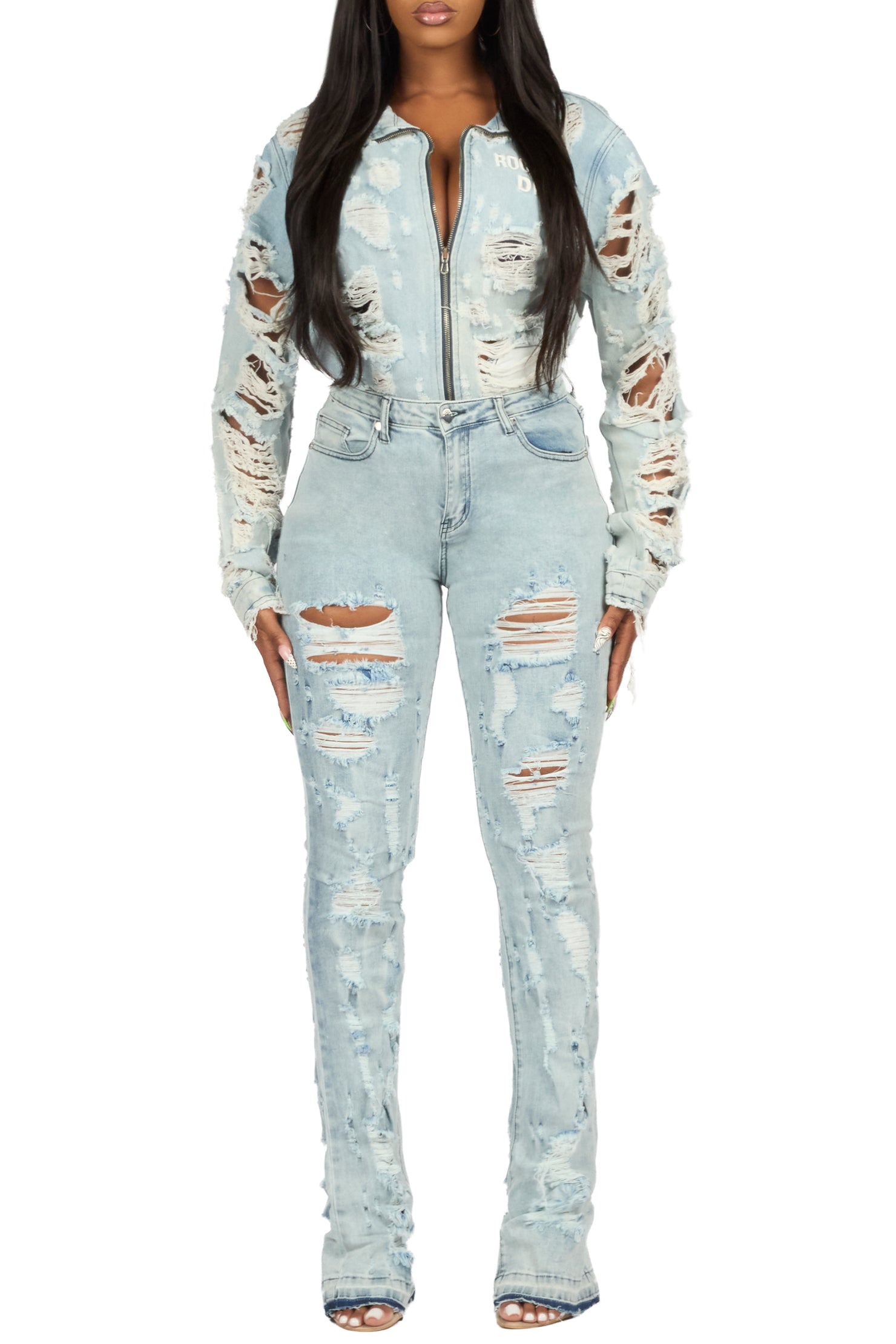 Fara Light Wash Denim Jacket & Fara Stacked Jean Set
