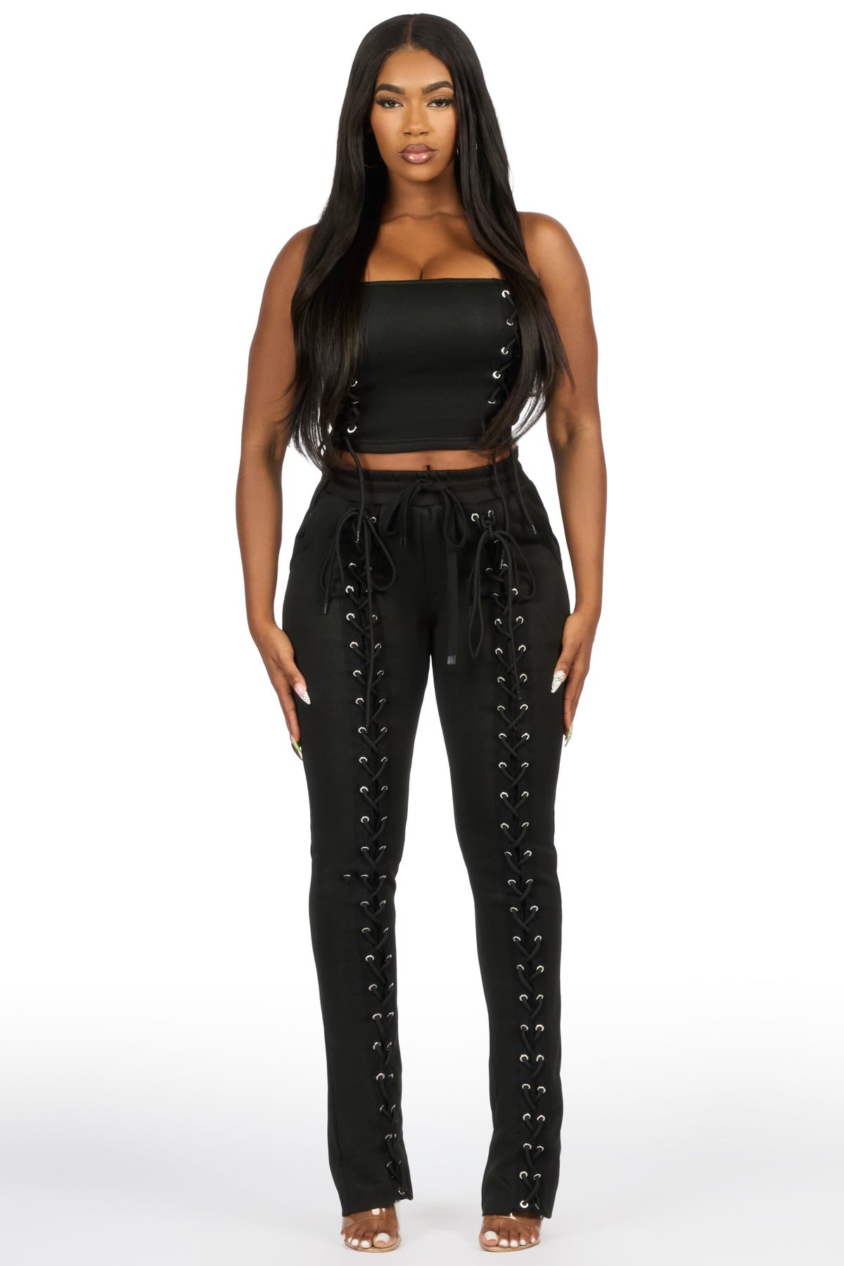 KaeMyna Black Lace Up Tube Stacked Track Set