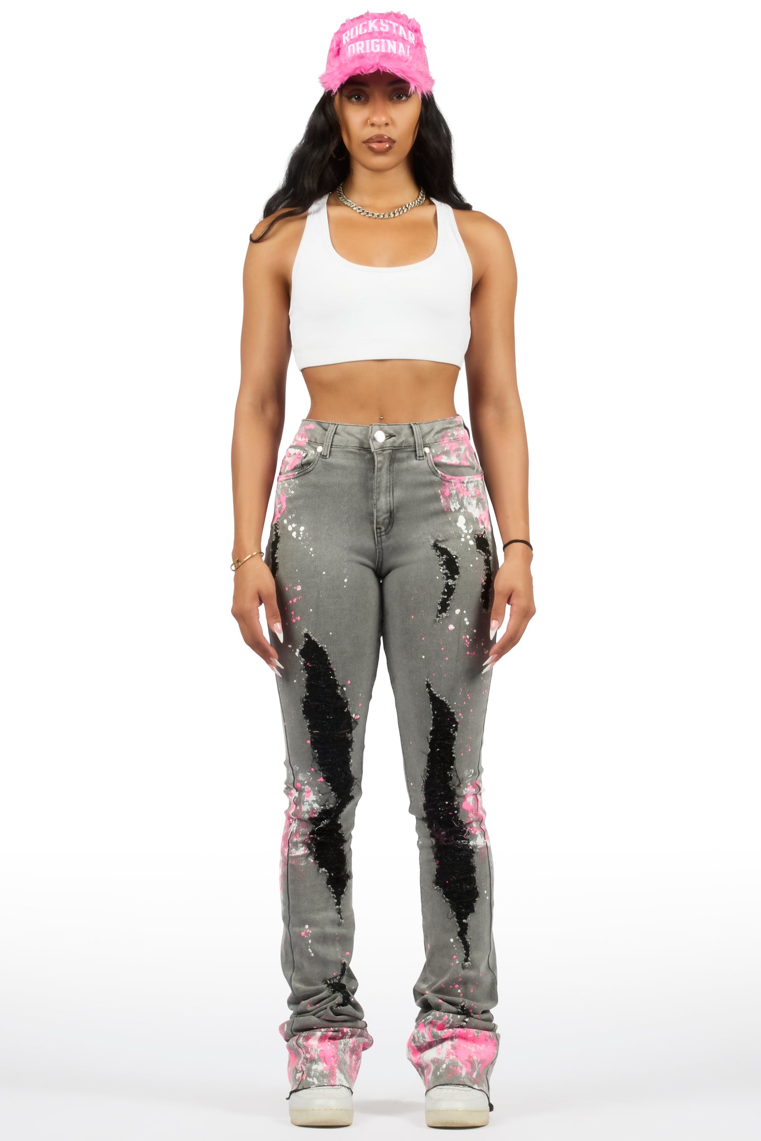 Terrika Grey Wash Painted Super Stacked Jean