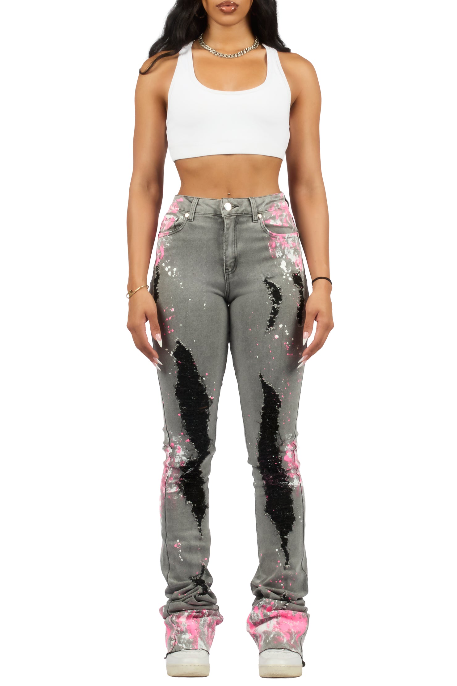 Terrika Grey Wash Painted Super Stacked Jean