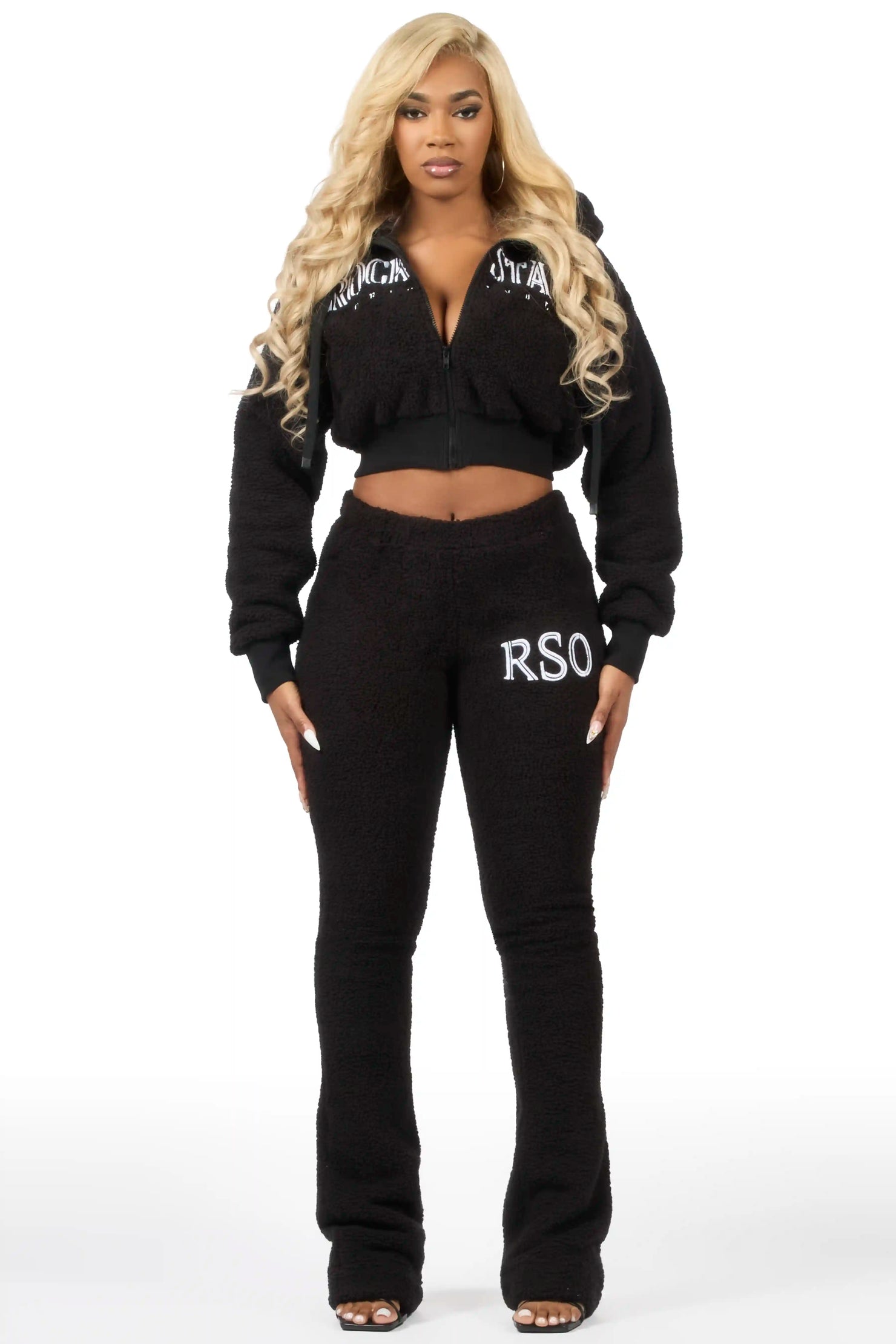 Krystiana Black Sherpa Zip Up Stacked Track Set