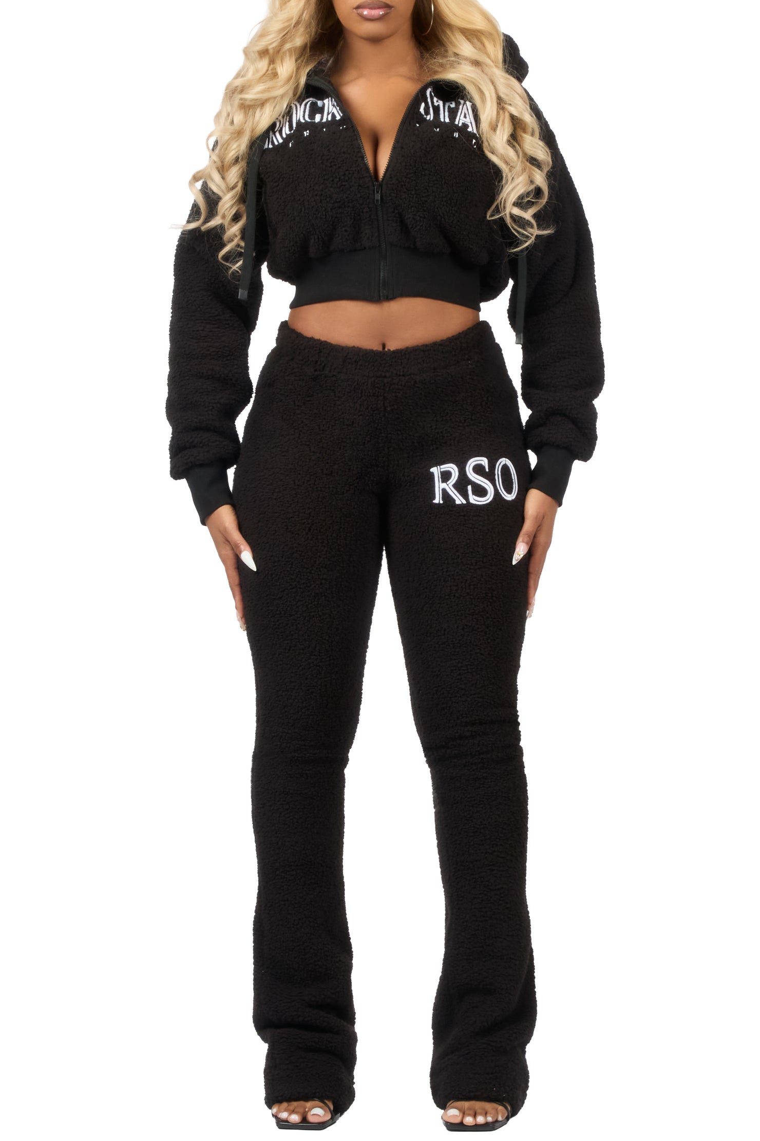 Krystiana Black Sherpa Zip Up Stacked Track Set
