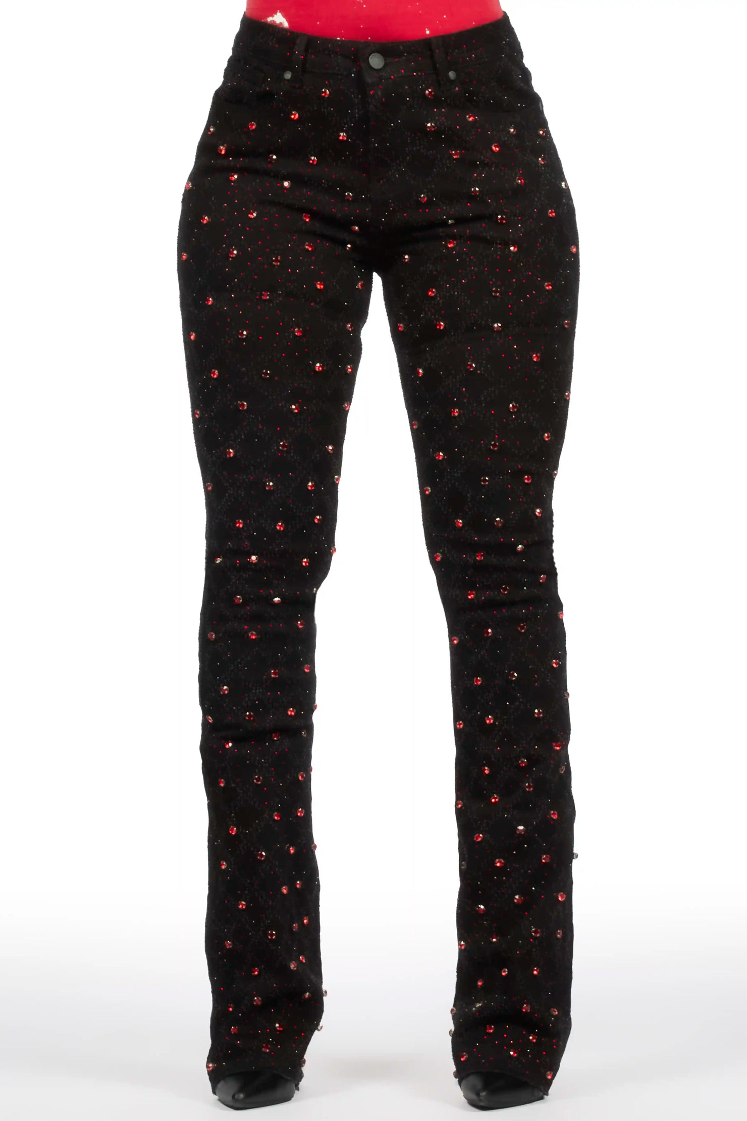 Sareka Black/Red Rhinestone Stacked Flare Jean