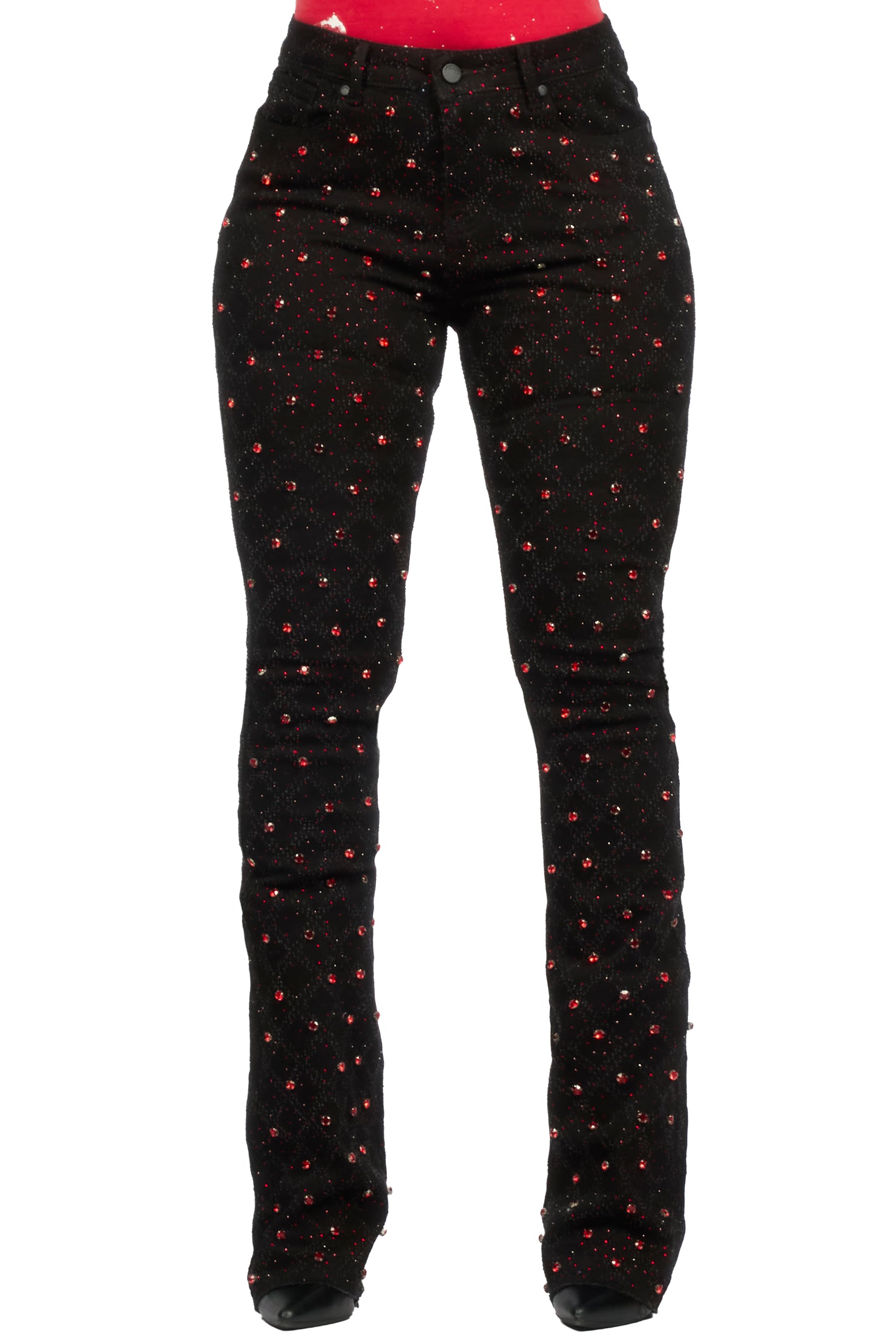 Sareka Black/Red Rhinestone Stacked Flare Jean