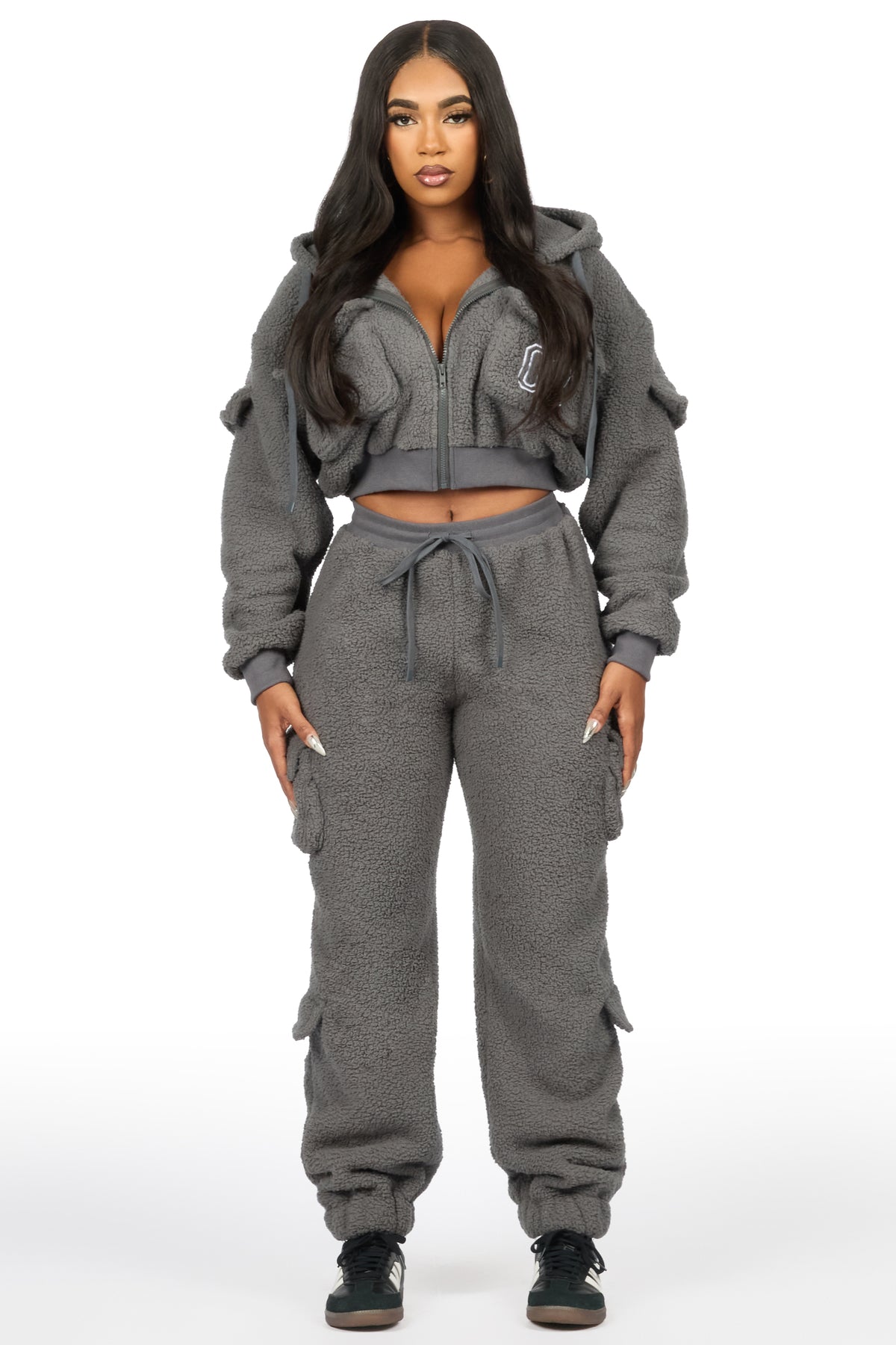 Renea Grey Sherpa Cargo Baggy Fit Track Set