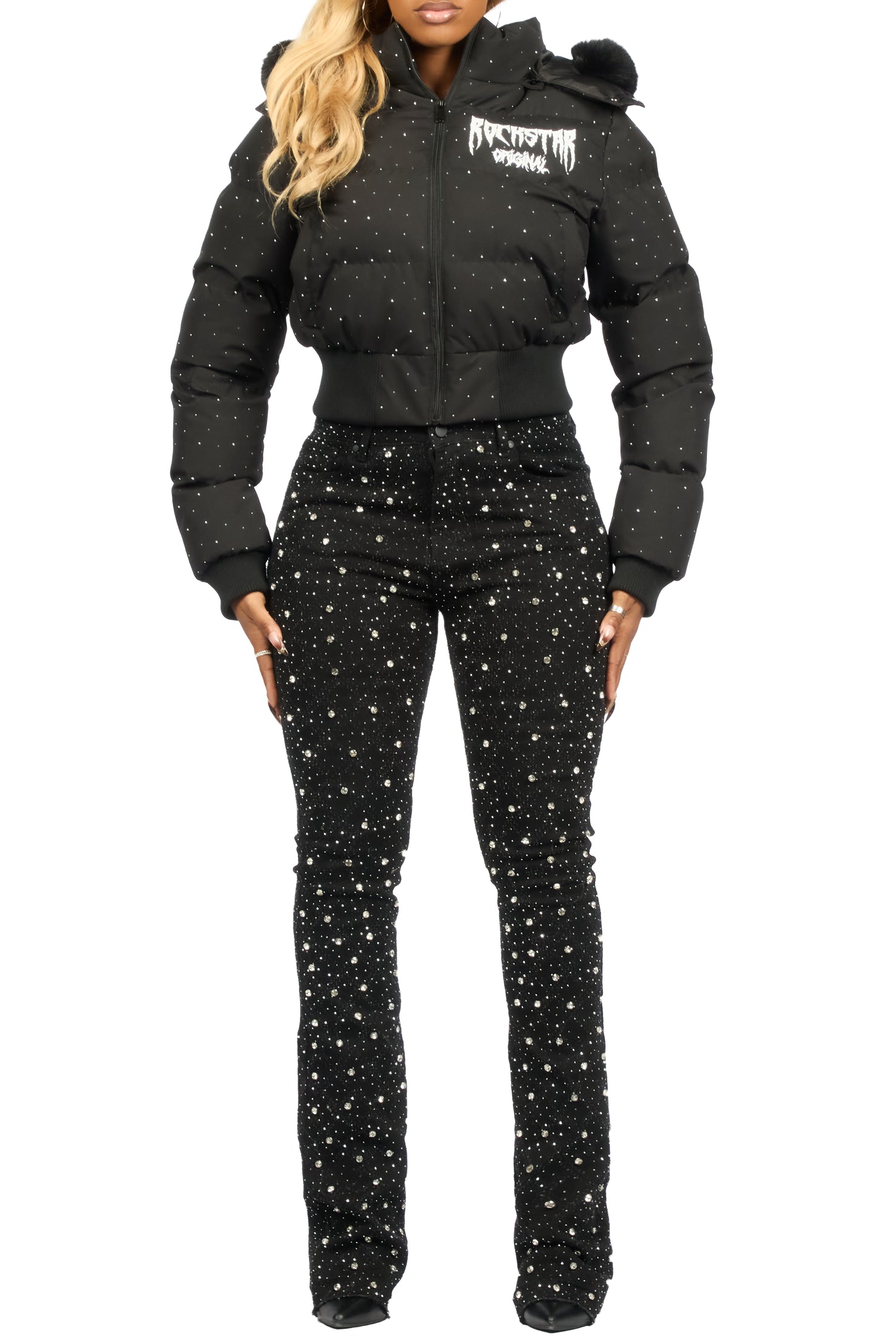 Sareka Black/Silver Rhinestone Stacked Flare Jean