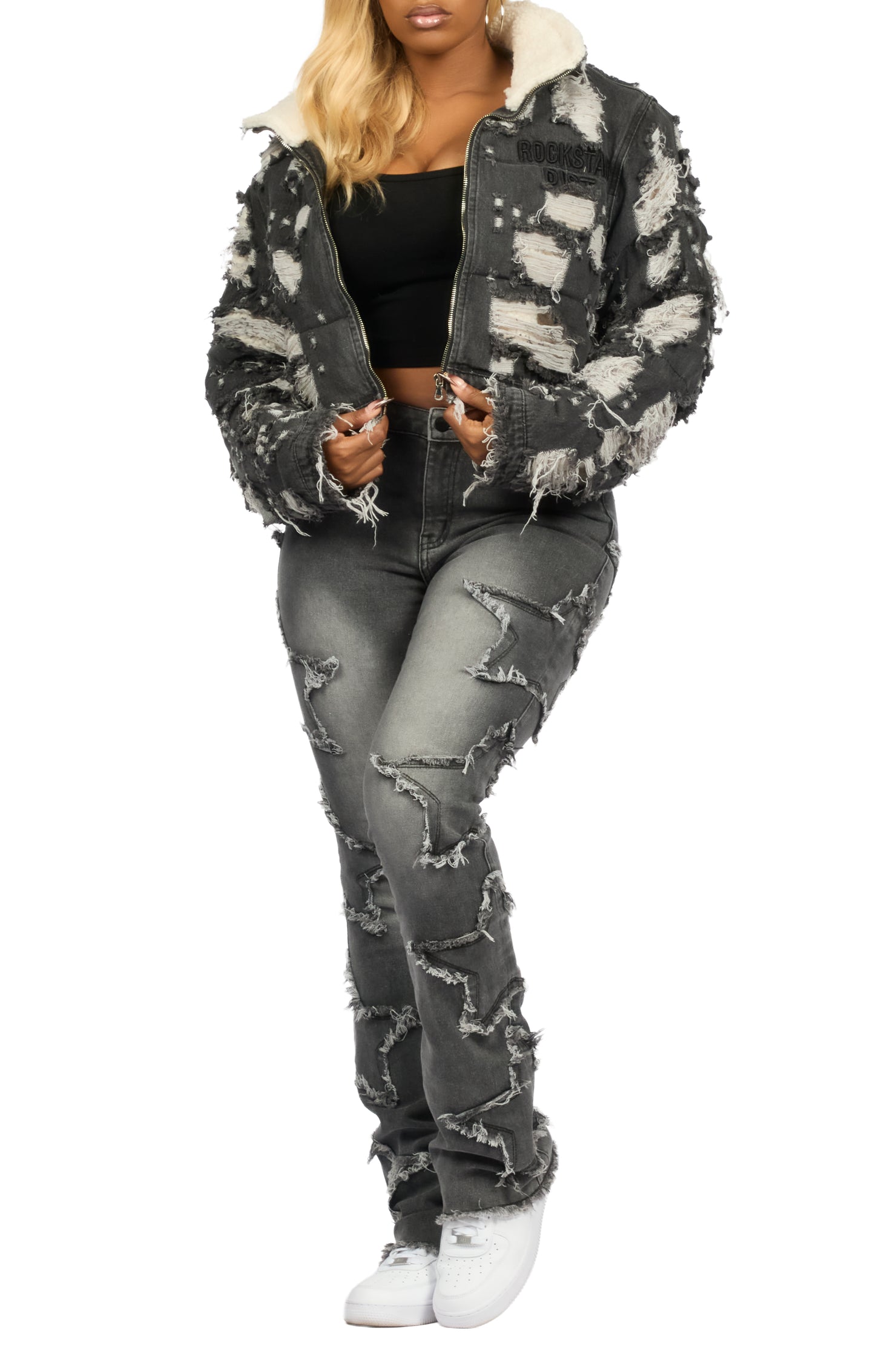 Fara Black Denim Sherpa Puffer Jacket