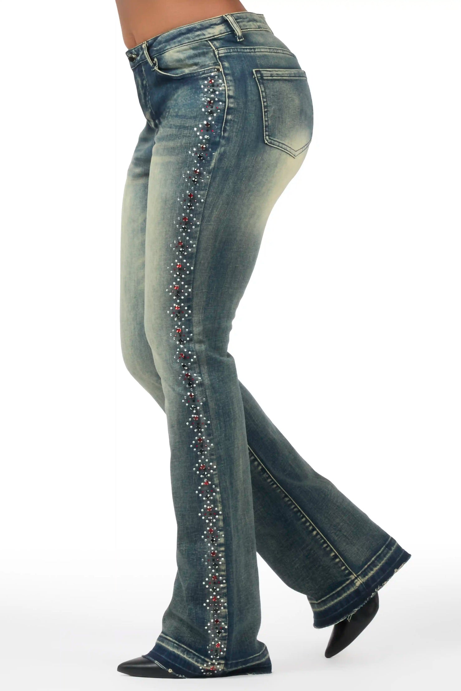 Gria Tinted Wash Rhinestone Stacked Flare Jean