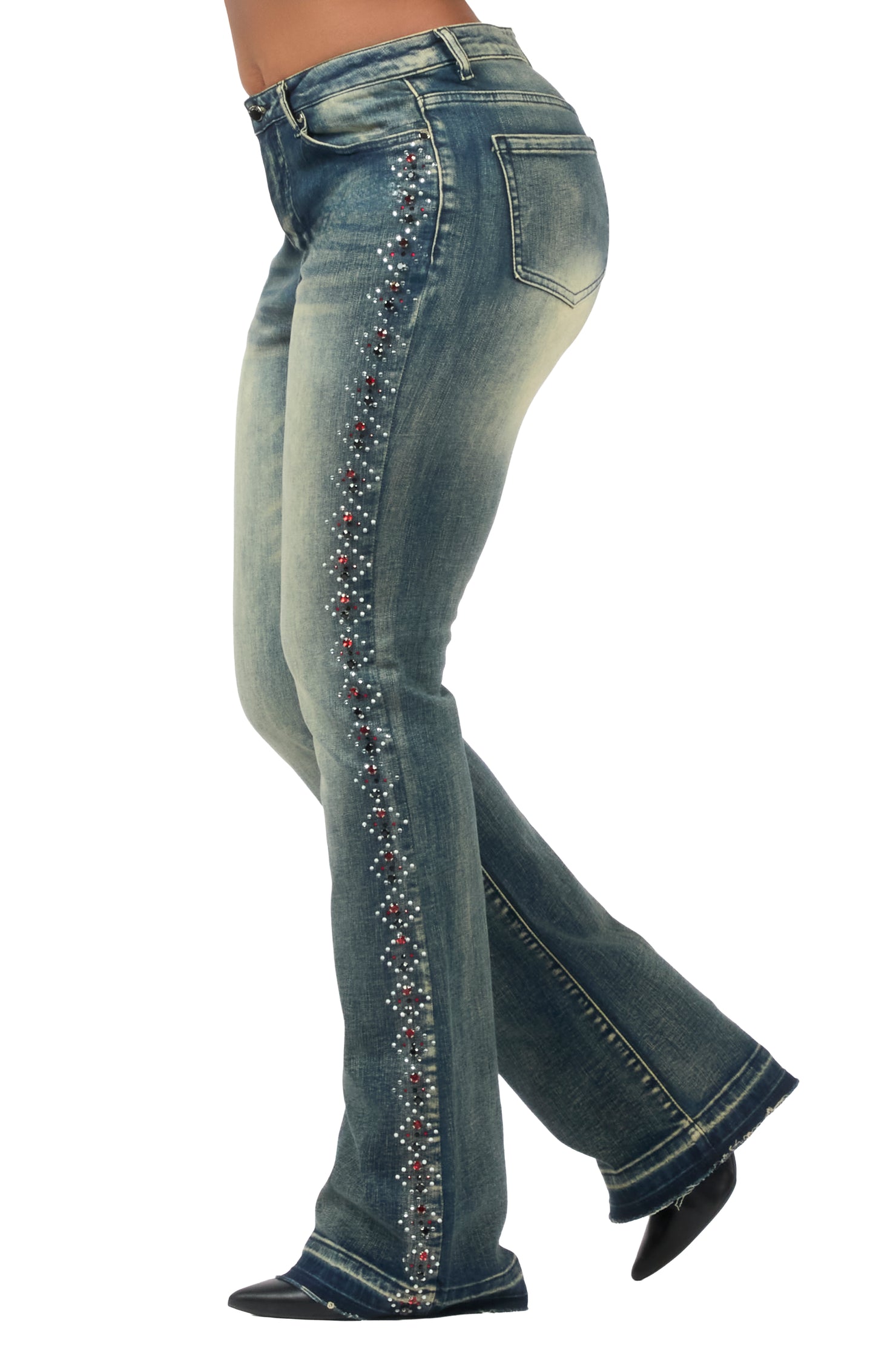 Gria Tinted Wash Rhinestone Stacked Flare Jean