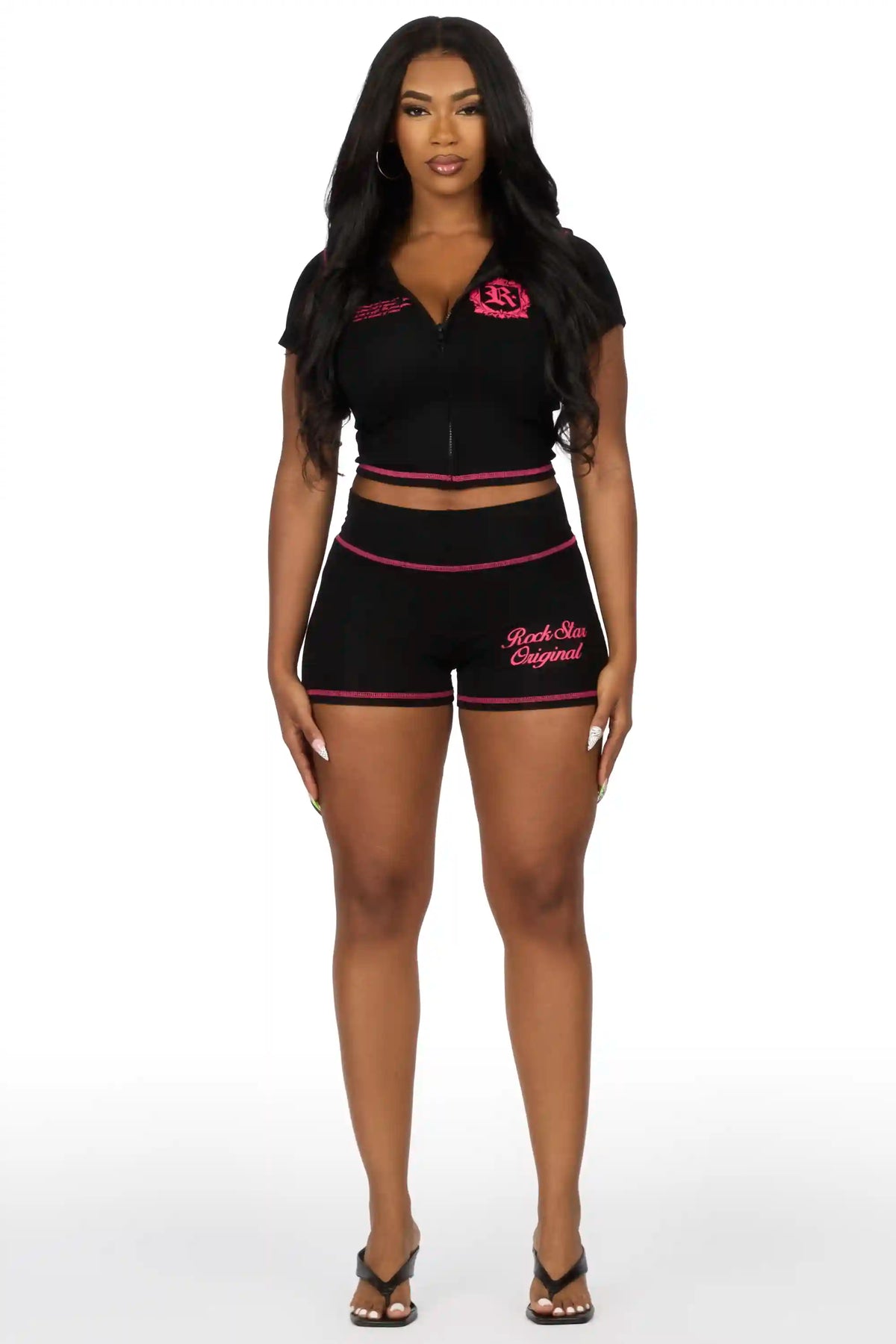 Desmine Black Short Sleeve Zip Up Short Set
