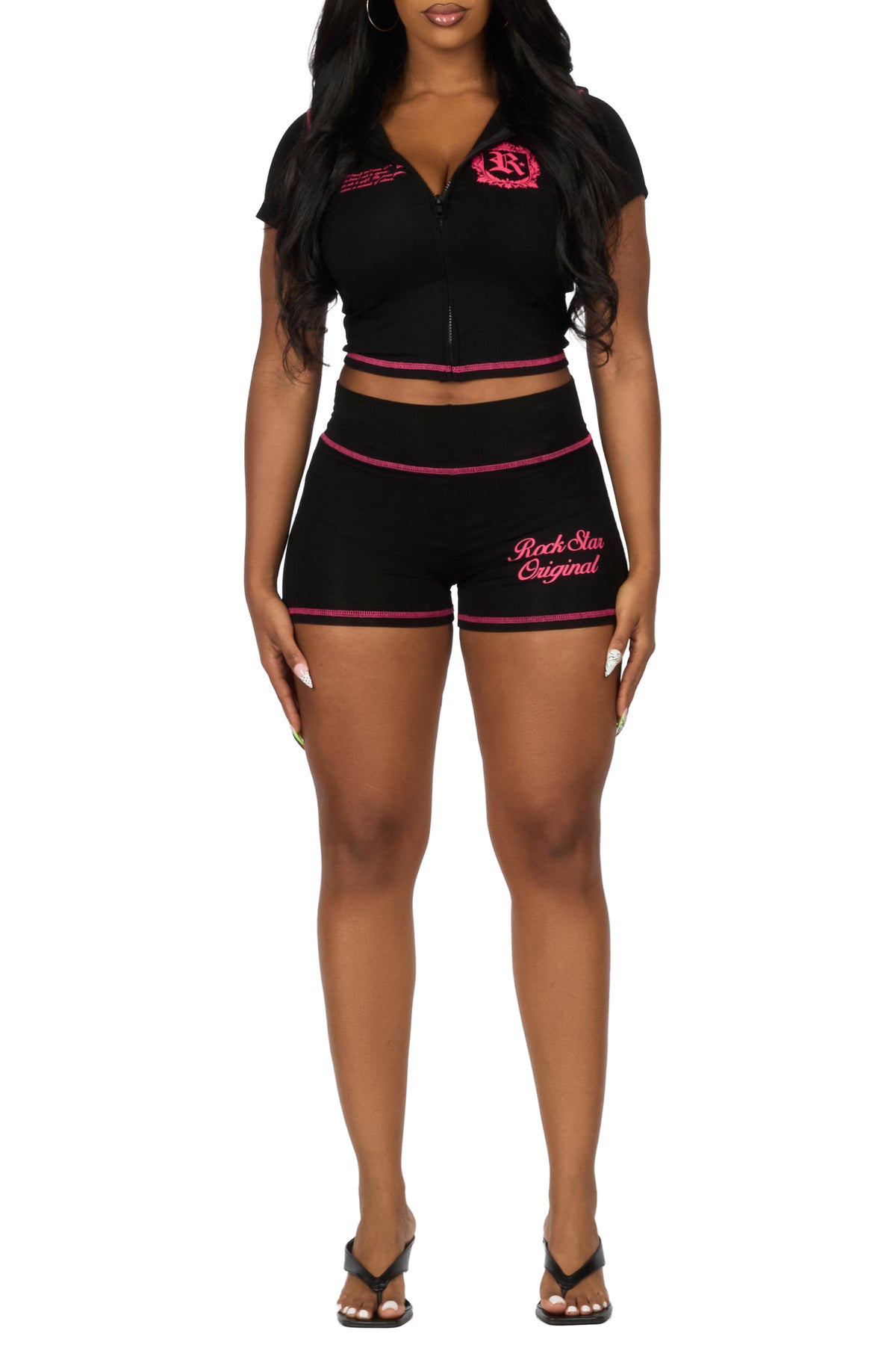 Desmine Black Short Sleeve Zip Up Short Set