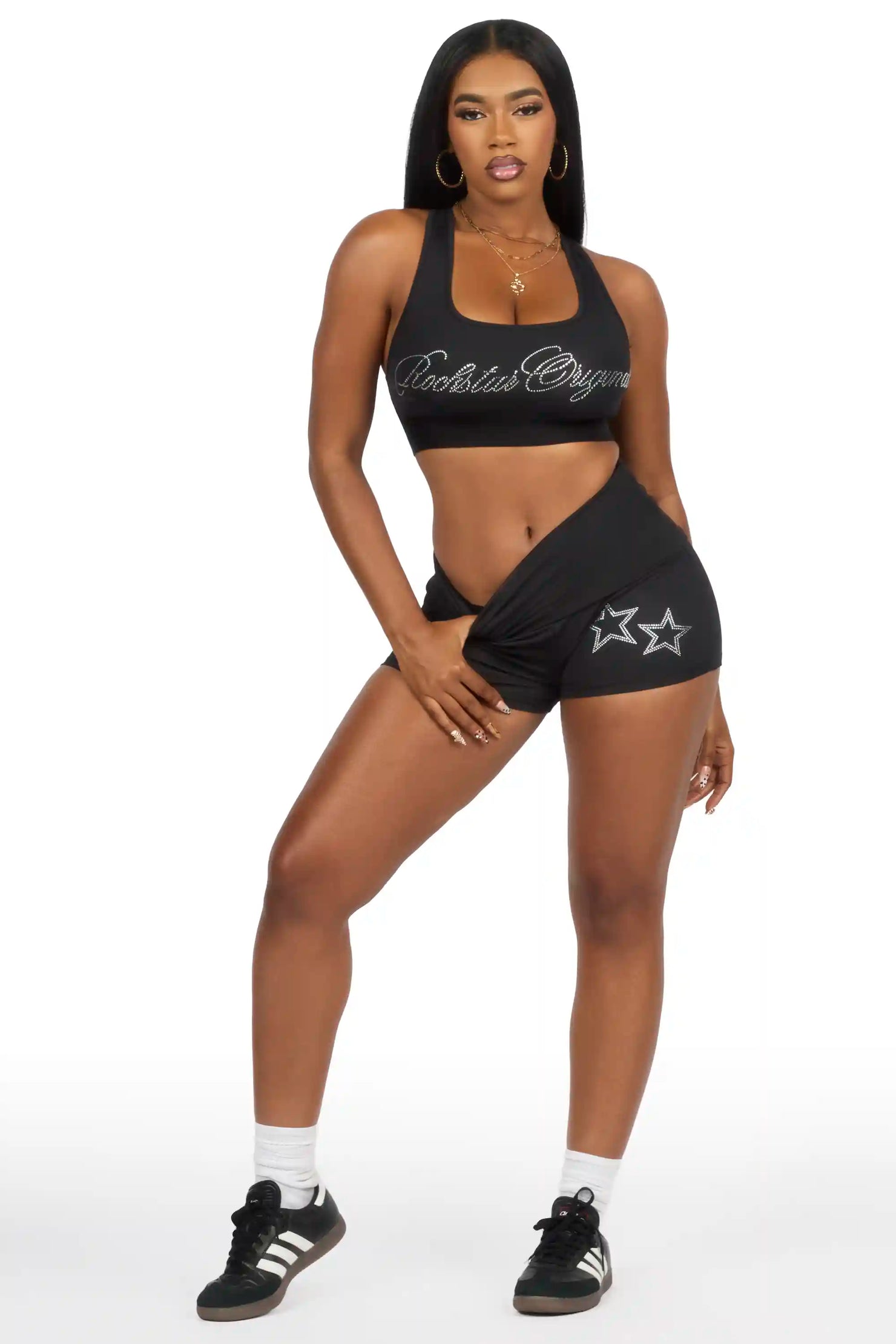 Arieona Black Rhinestone Sports Bra Foldover Short Set