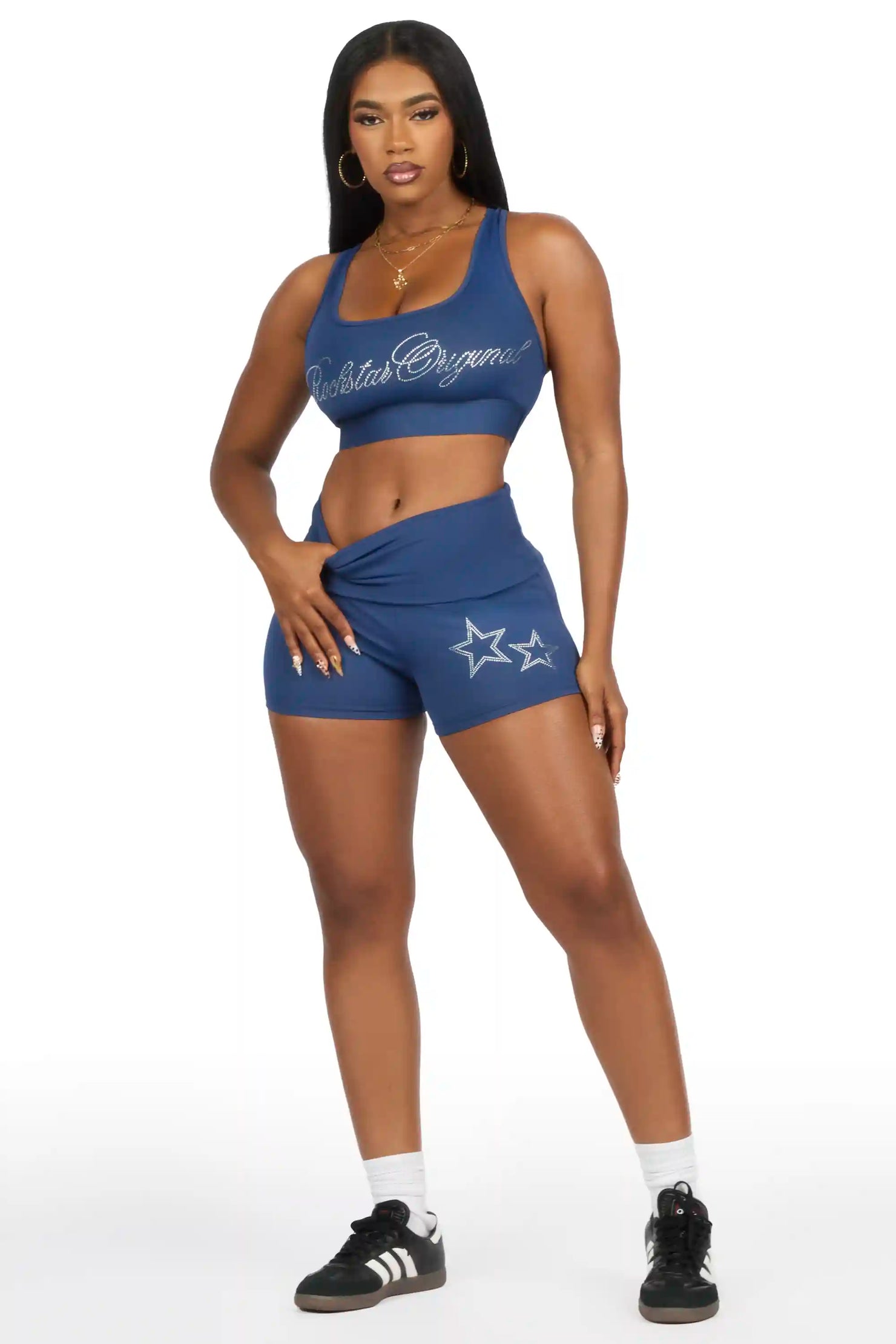 Arieona Navy Rhinestone Sports Bra Foldover Short Set