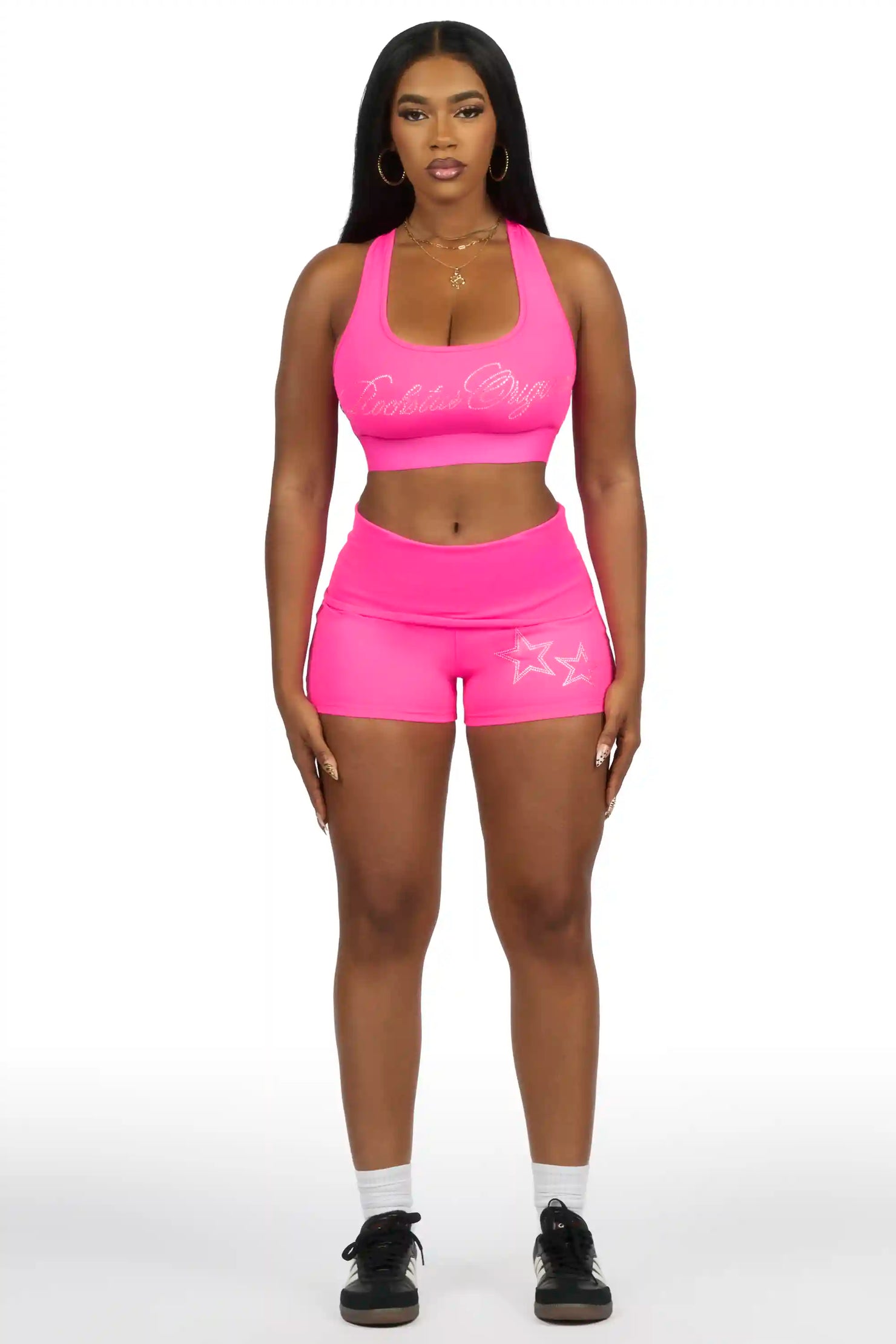 Arieona Hot Pink Rhinestone Sports Bra Foldover Short Set