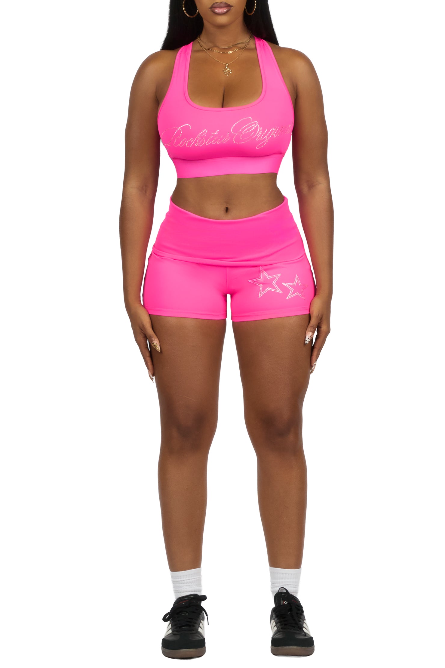 Arieona Hot Pink Rhinestone Sports Bra Foldover Short Set