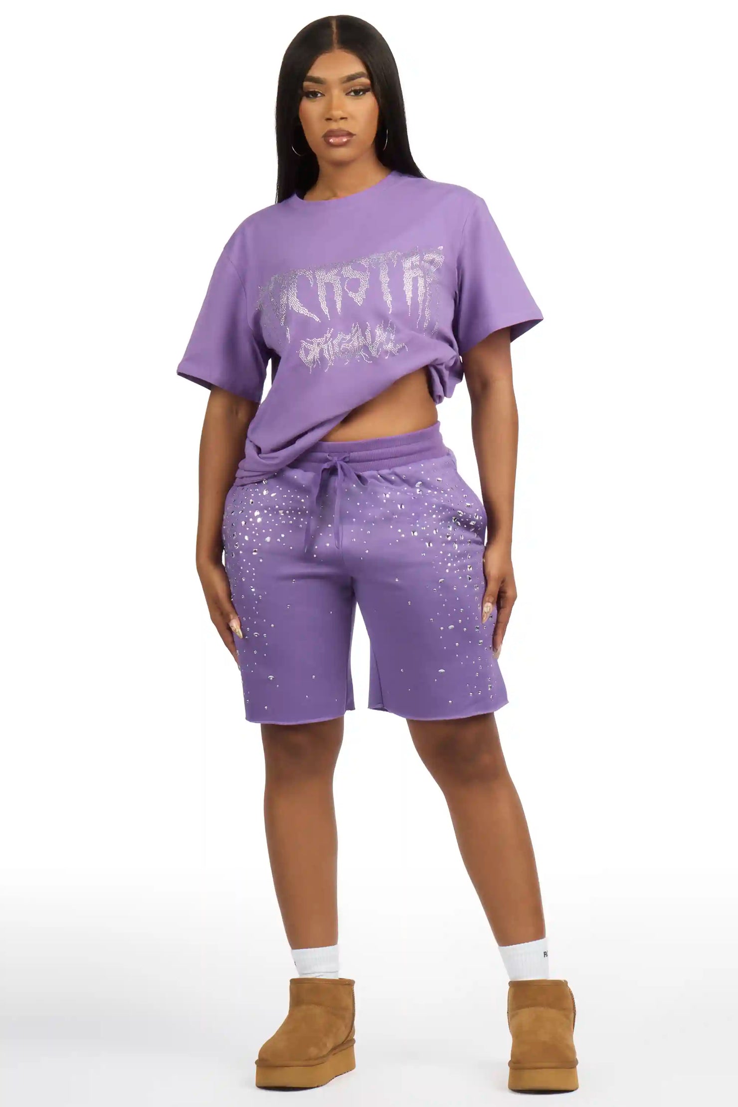 Porsha Purple Rhinestone T-Shirt Short Set