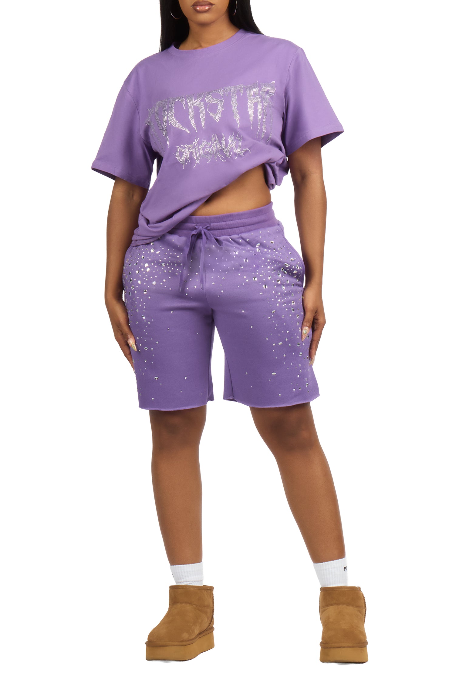 Porsha Purple Rhinestone T-Shirt Short Set