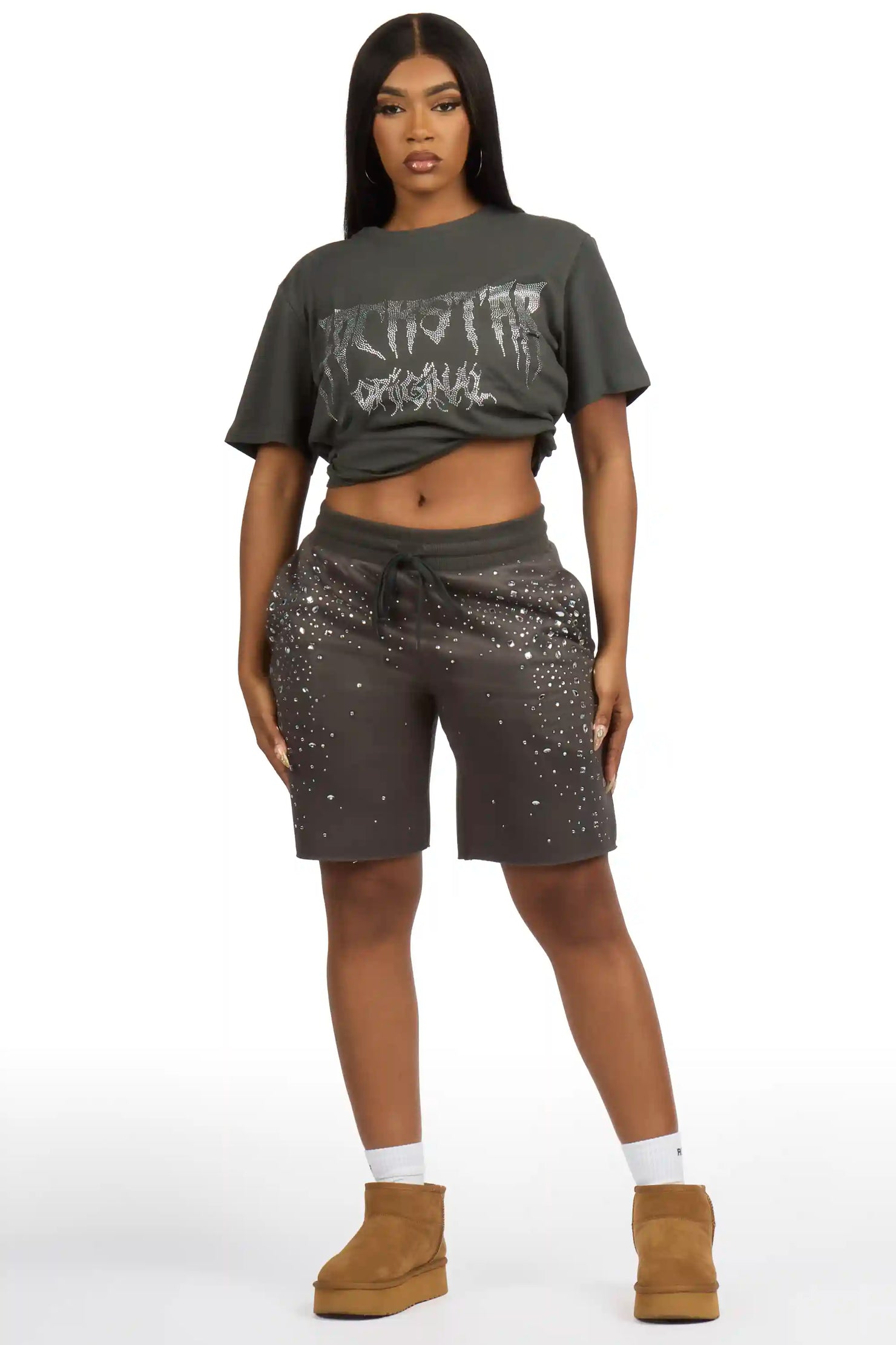 Porsha Charcoal Rhinestone T-Shirt Short Set