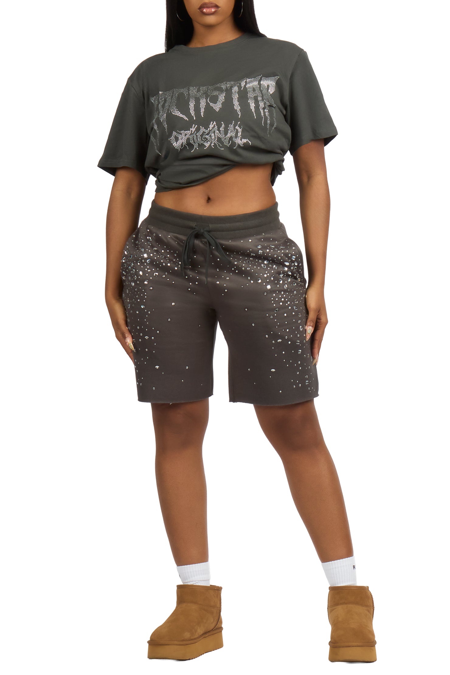 Porsha Charcoal Rhinestone T-Shirt Short Set