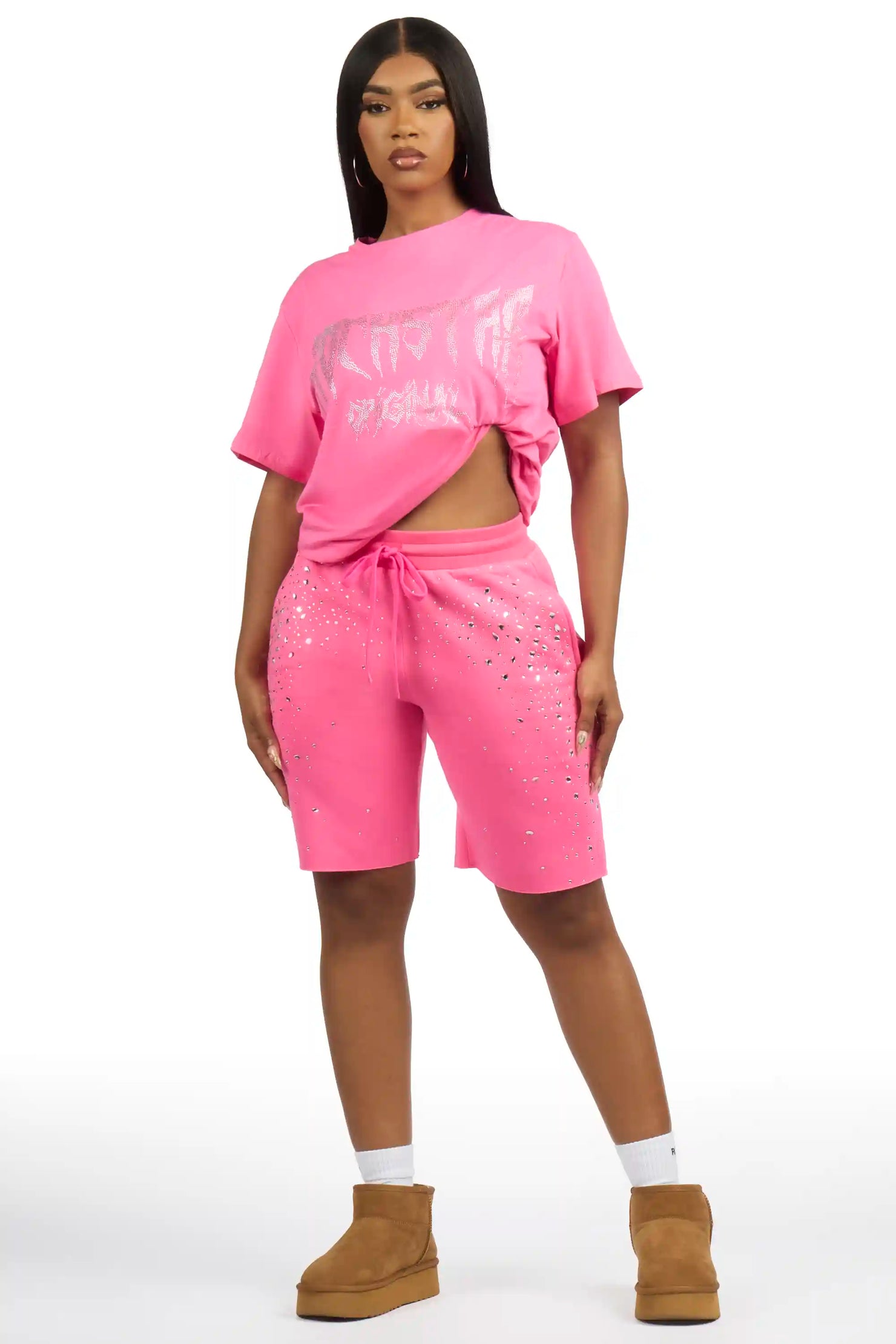 Porsha Hot Pink Rhinestone T-Shirt Short Set
