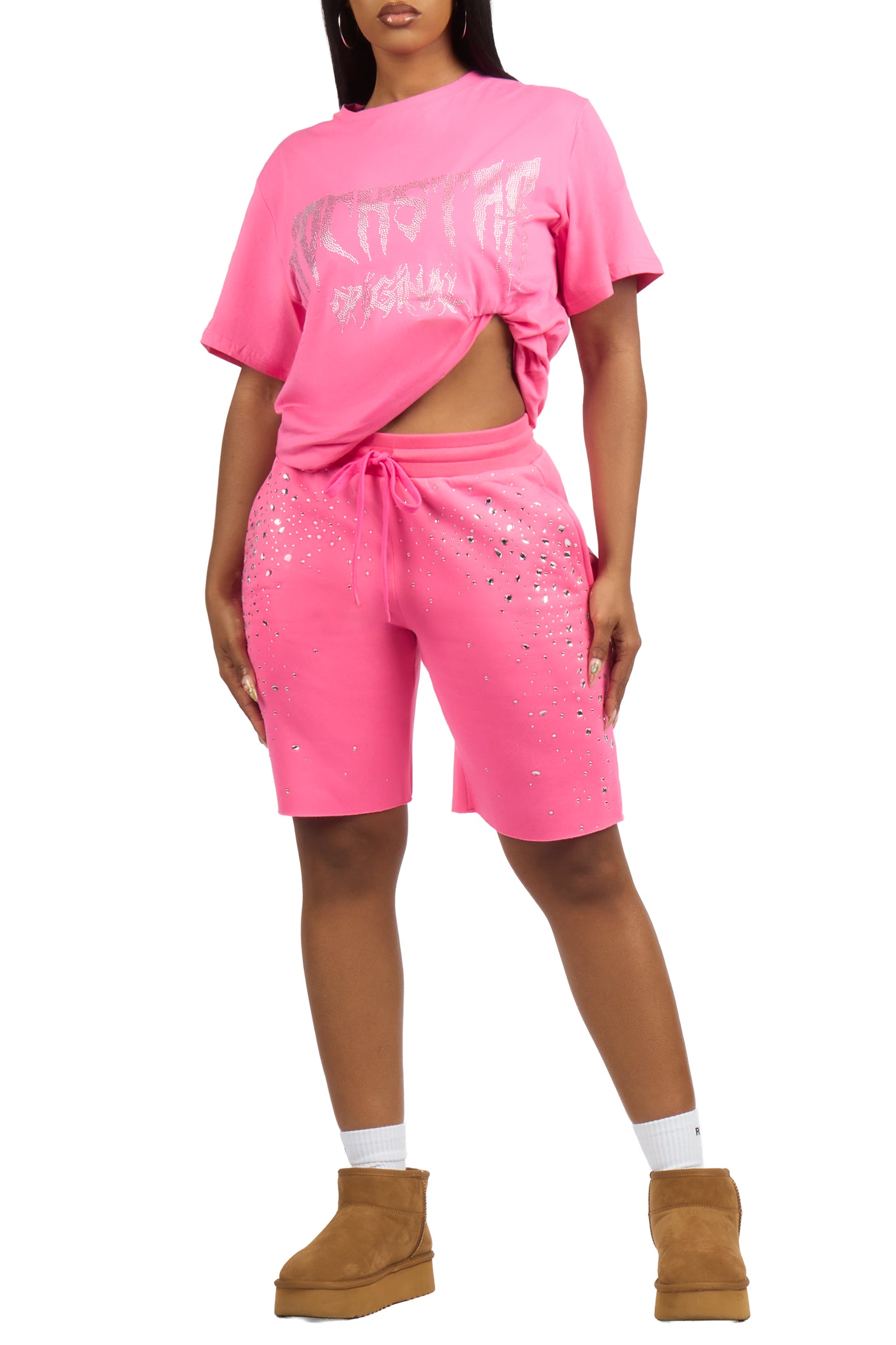 Porsha Hot Pink Rhinestone T-Shirt Short Set