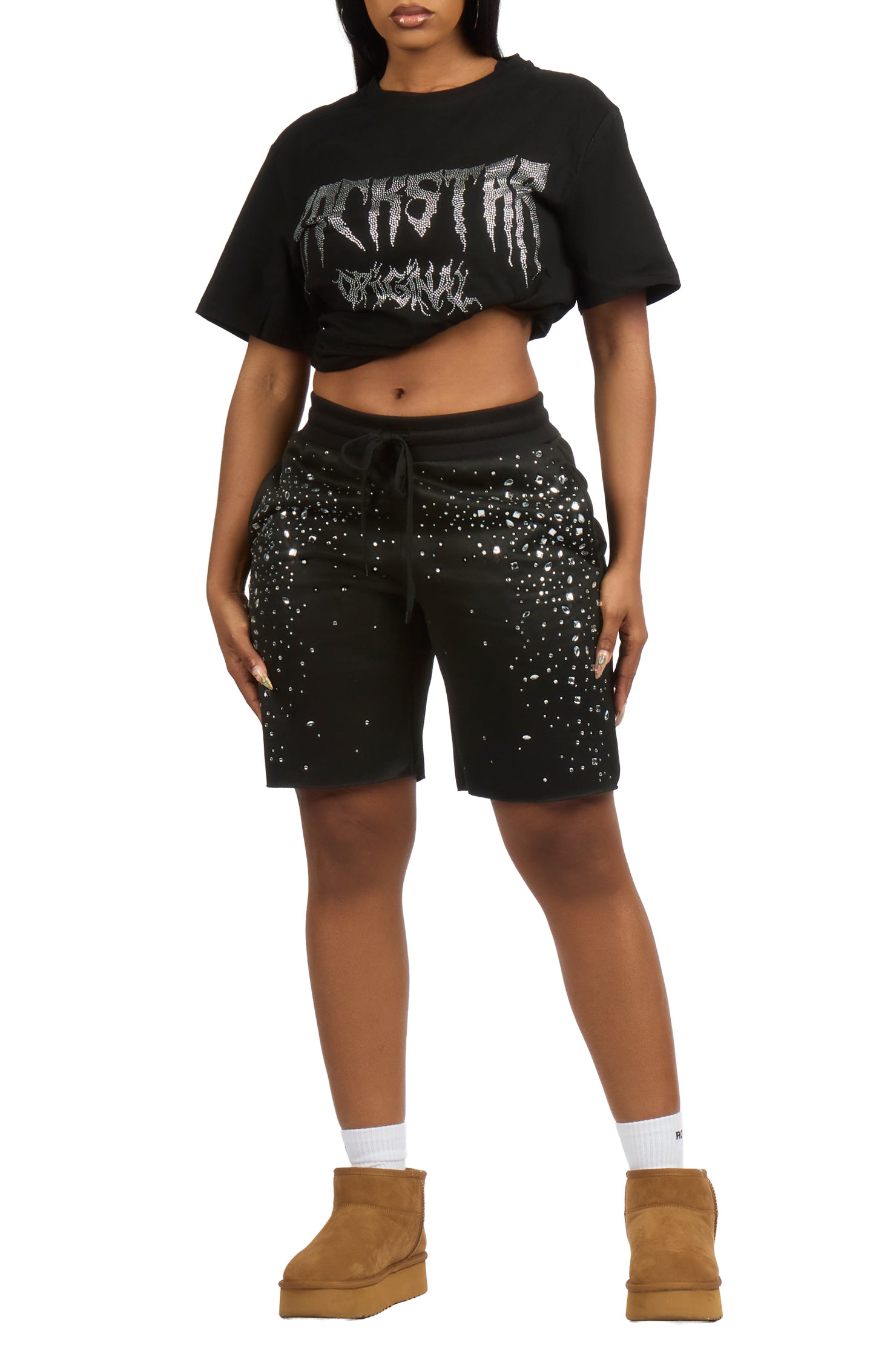 Porsha Black Rhinestone T-Shirt Short Set