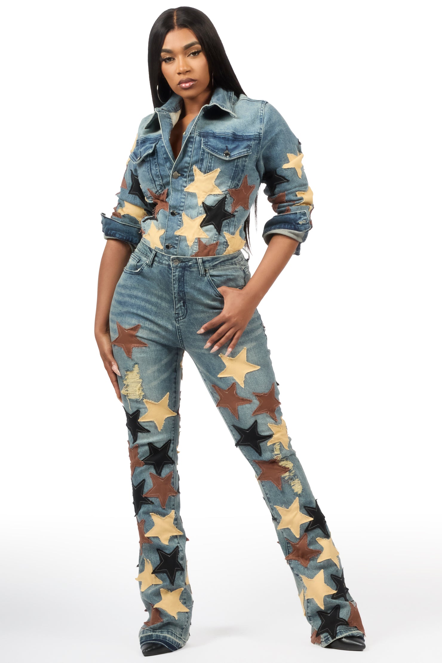 Starlena Tinted Wash Denim Jacket & Starlena Stacked Jean Set