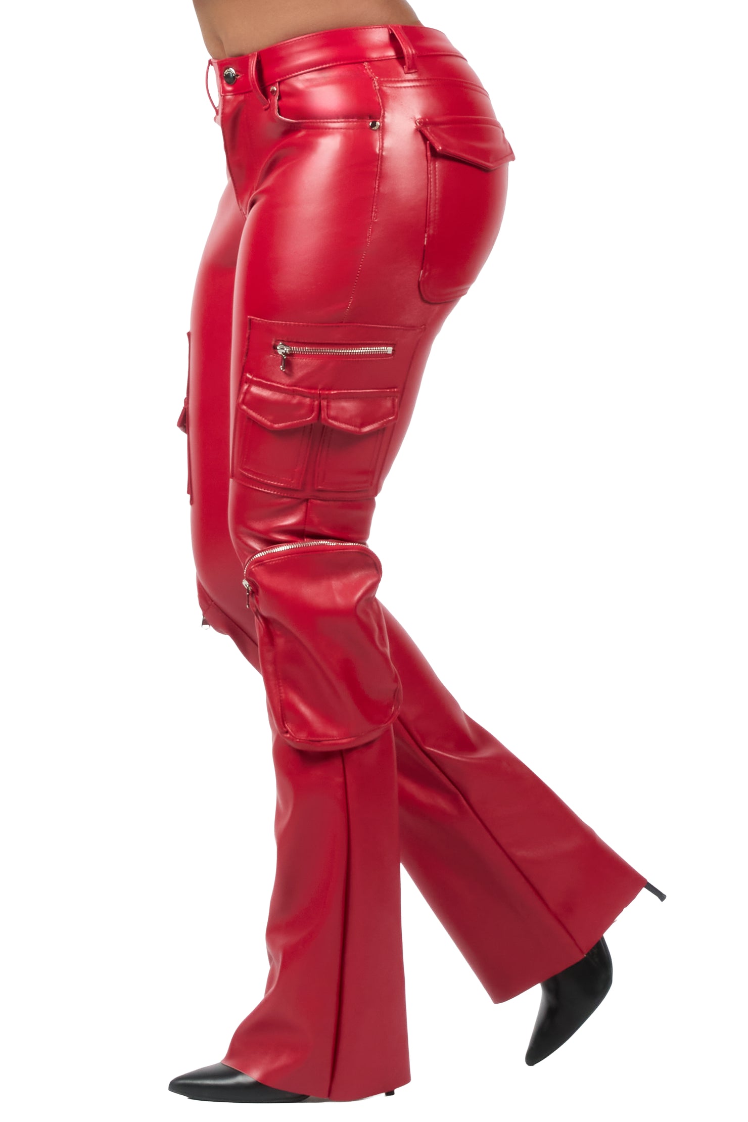 Luxola Red PU Cargo Stacked Flare Pant