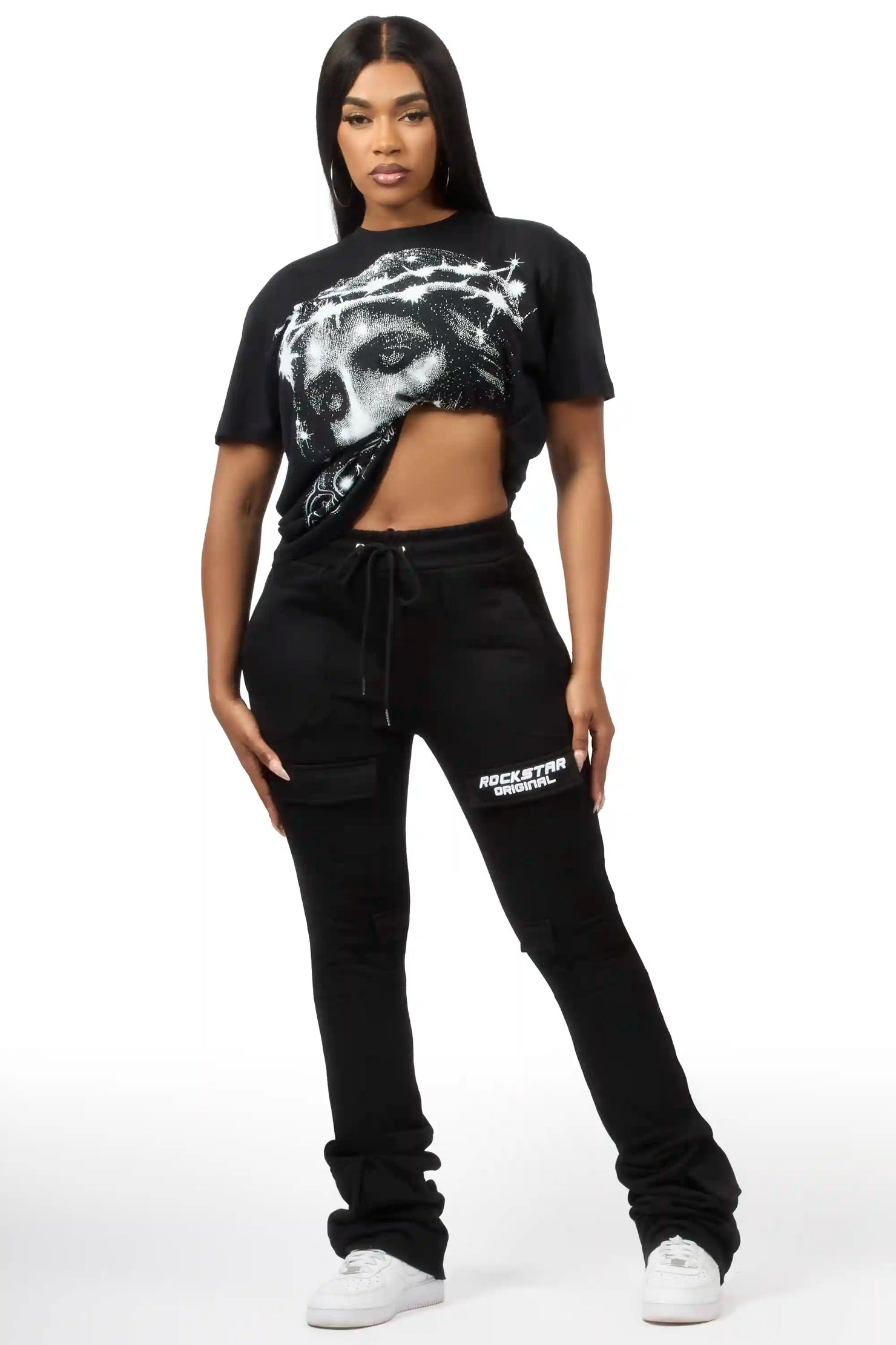 Starsha Black Cargo Stacked Track Pant