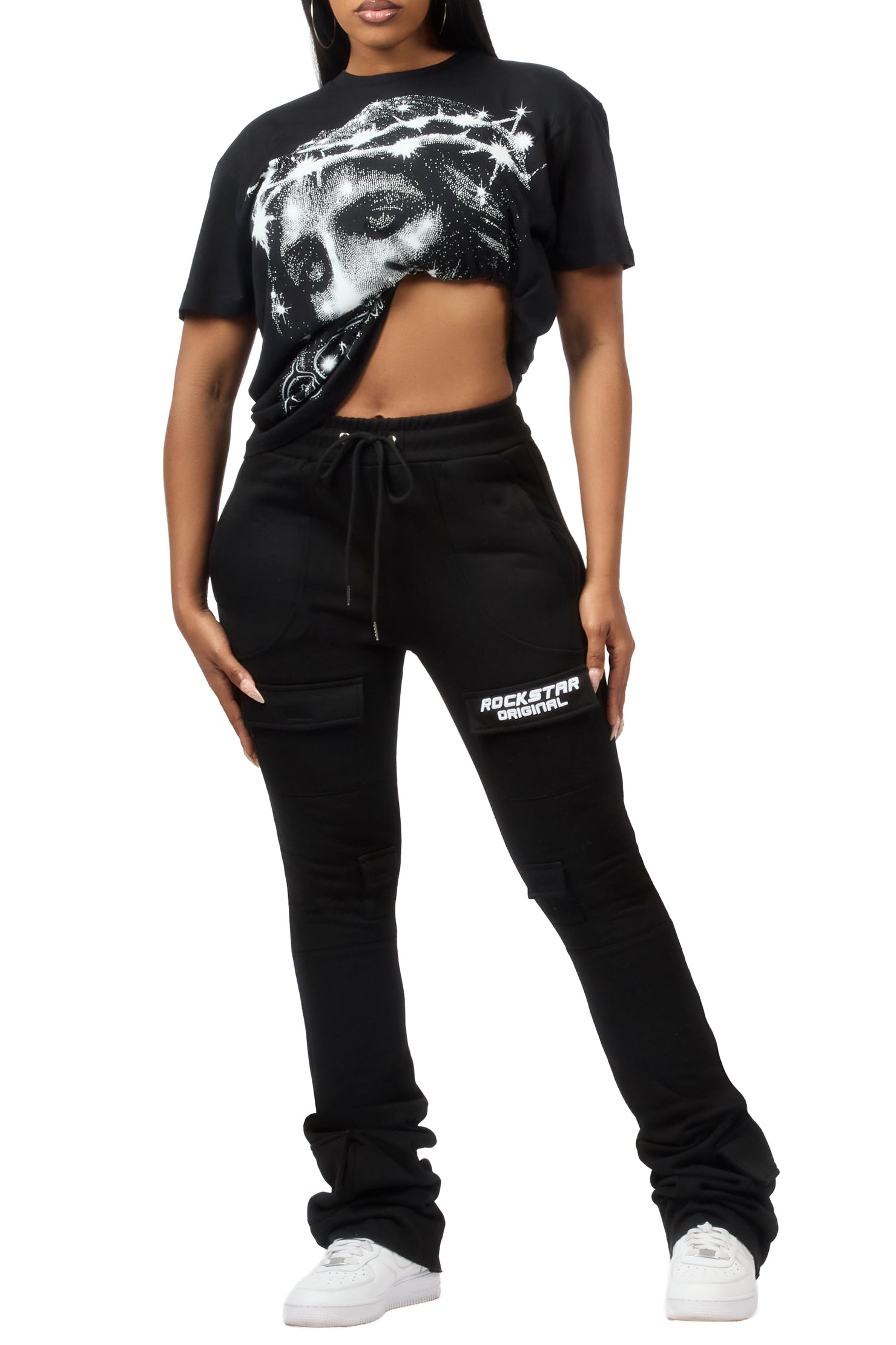 Starsha Black Cargo Stacked Track Pant