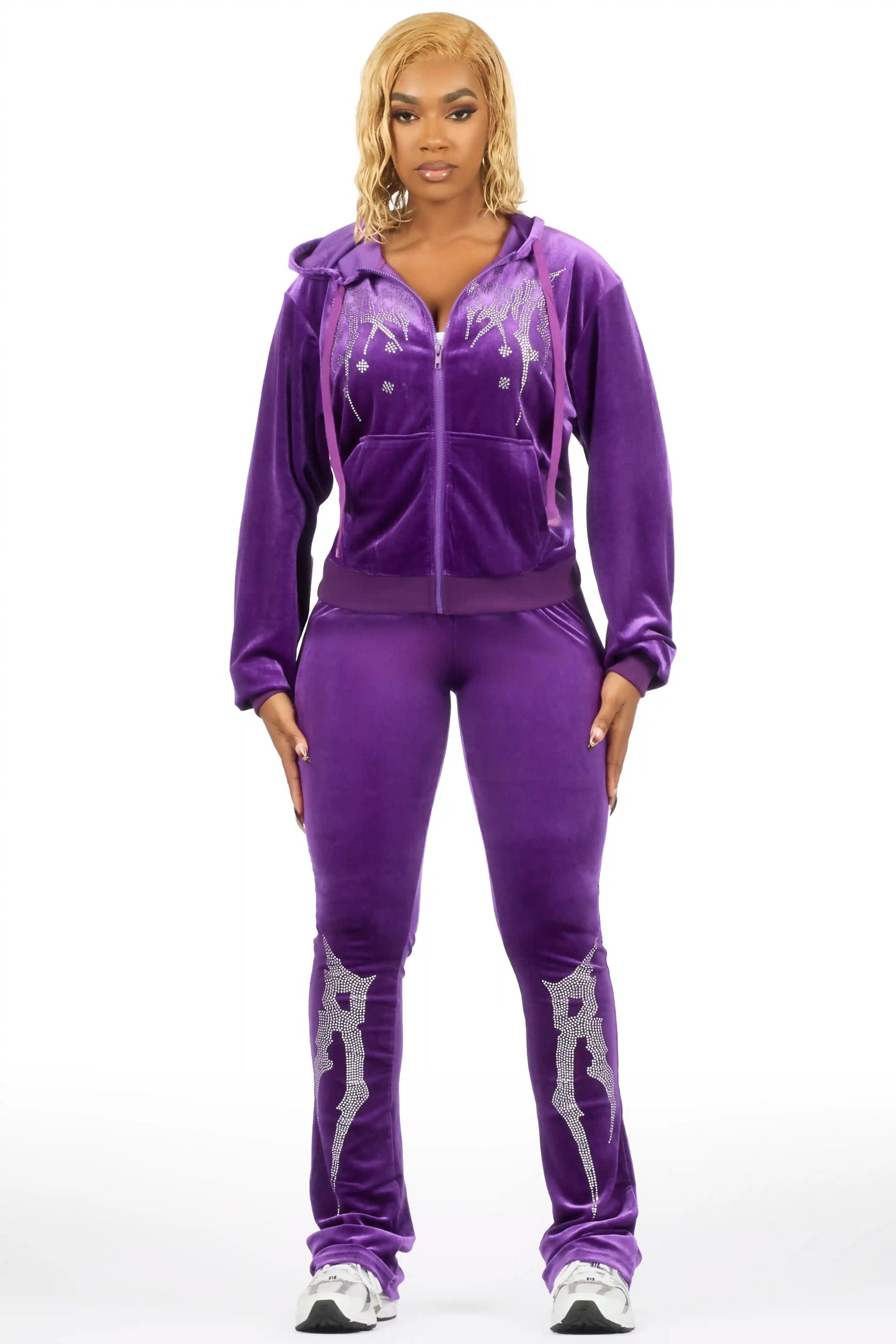 Deidre Purple Rhinestone Velour Stacked Track Set