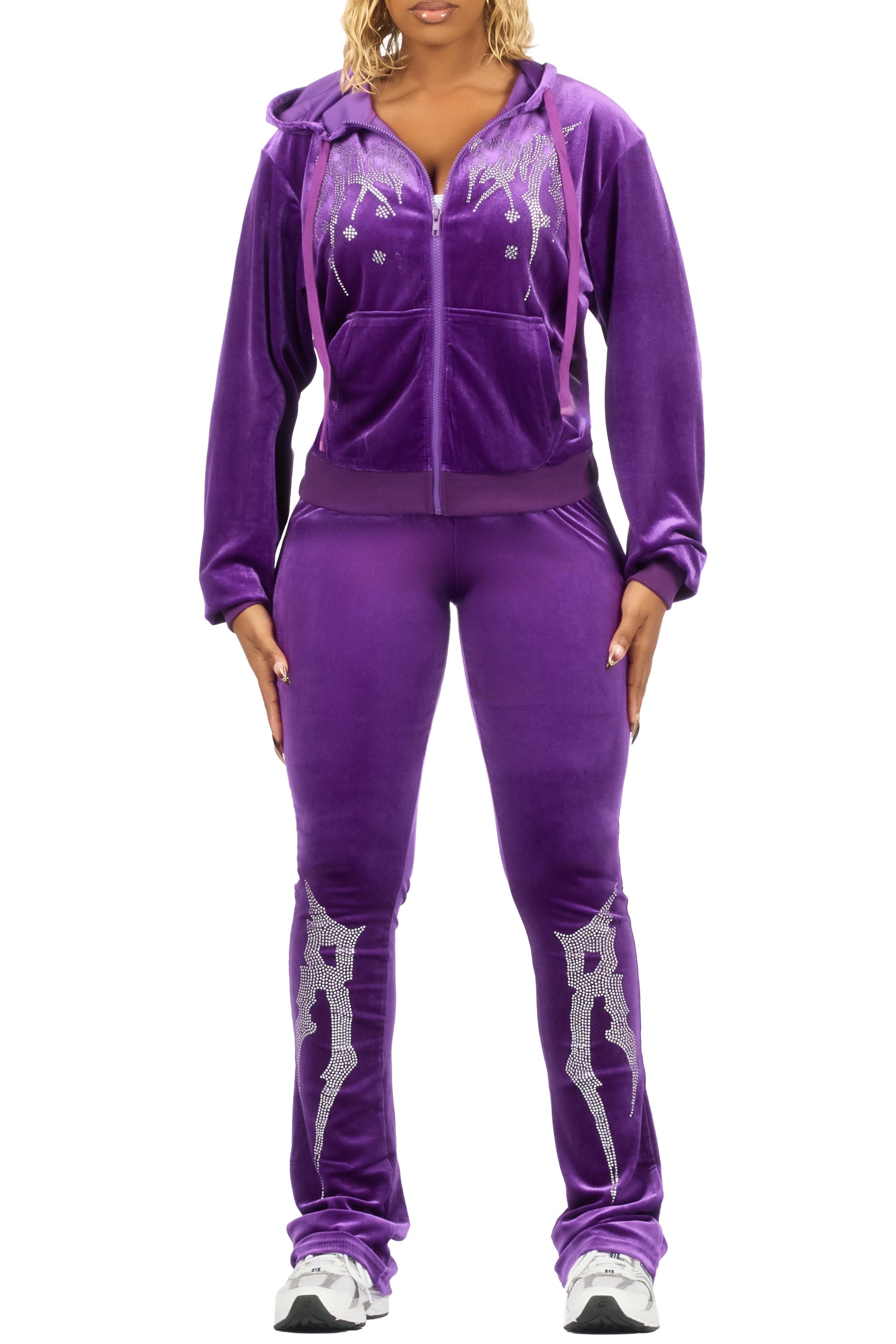 Deidre Purple Rhinestone Velour Stacked Track Set