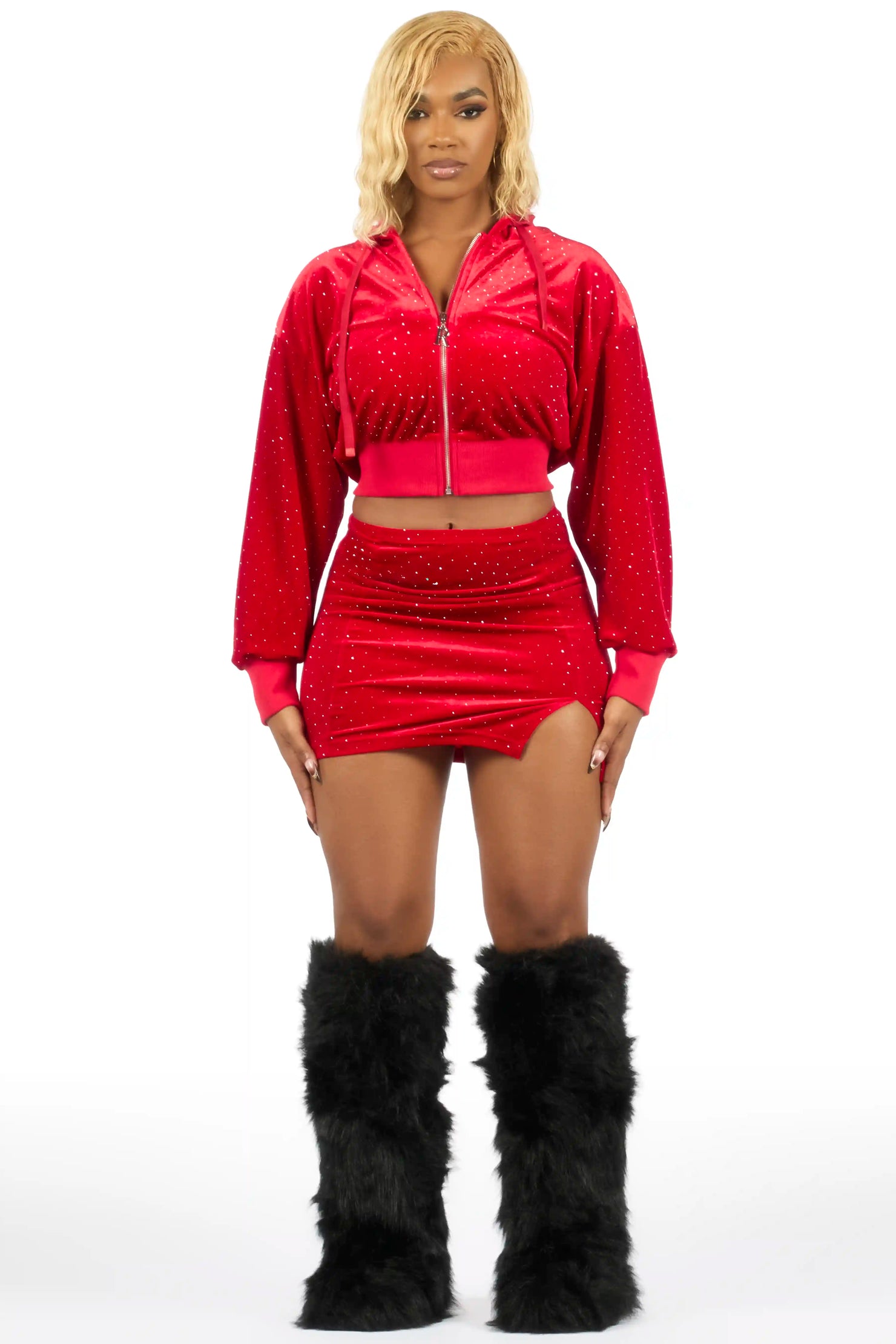 Naimah Red Rhinestone Velour Skirt Set