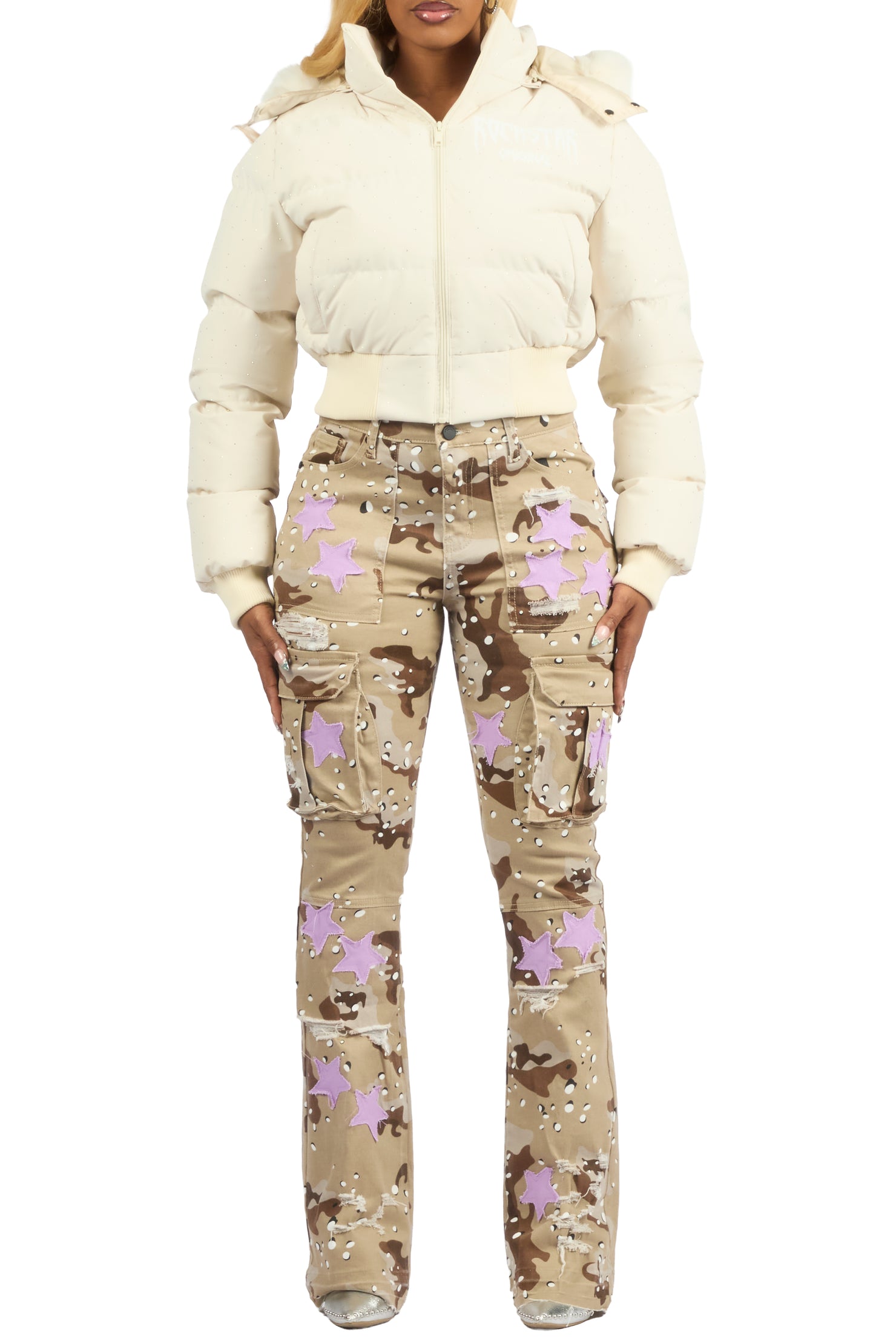 Gabrielle Beige Rhinestone Puffer Jacket With Fur Hood