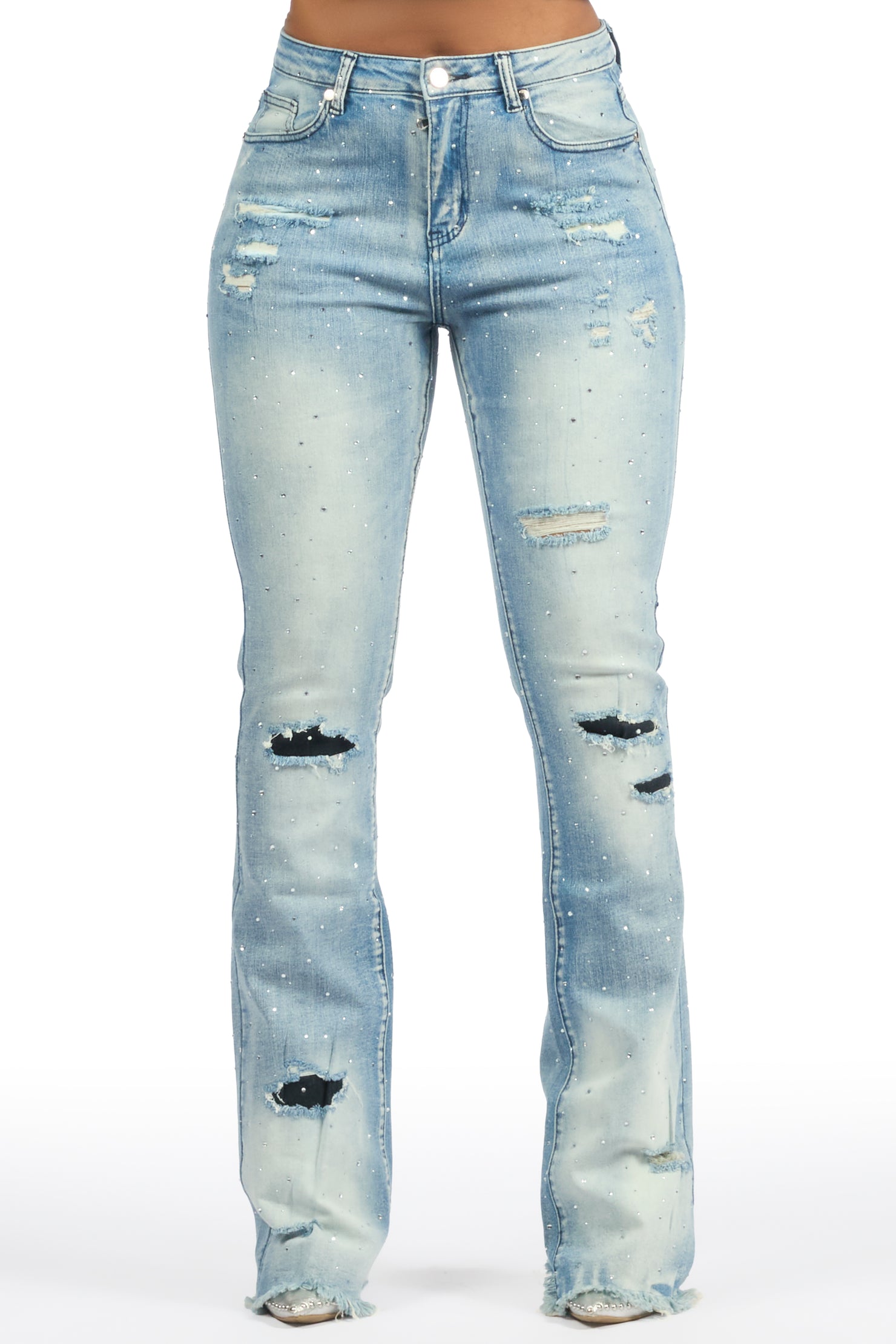 Kelle Med. Wash Rhinestone Stacked Jean