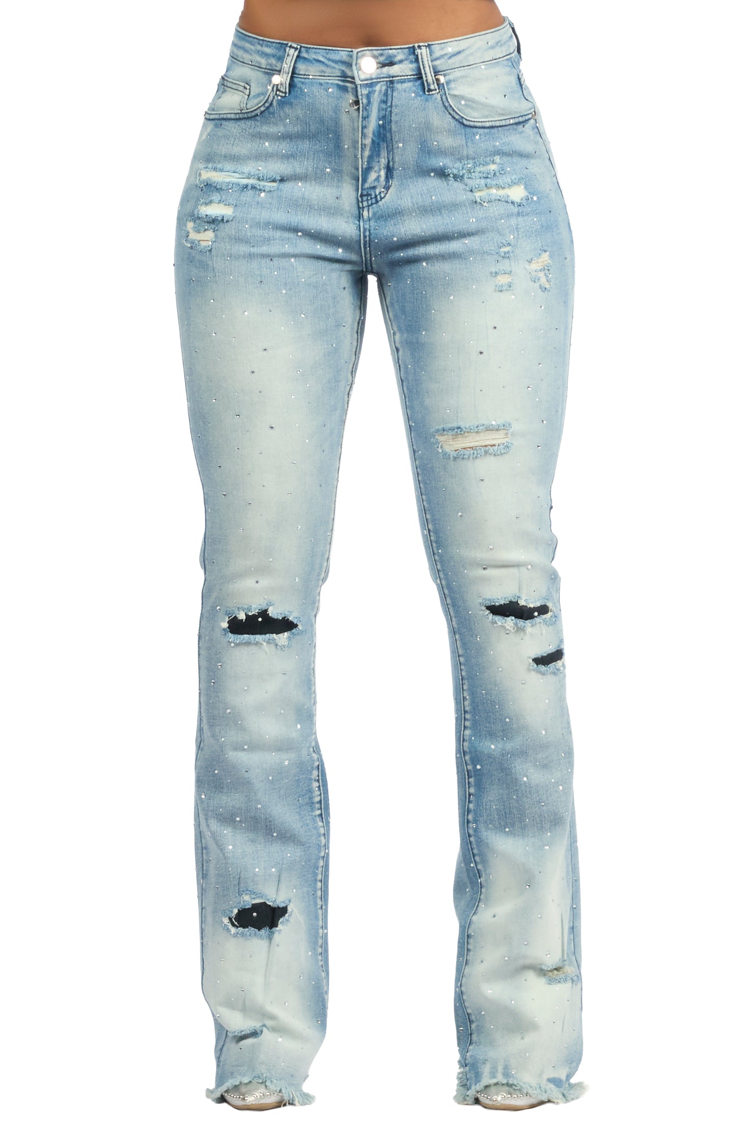 Kelle Med. Wash Rhinestone Stacked Jean