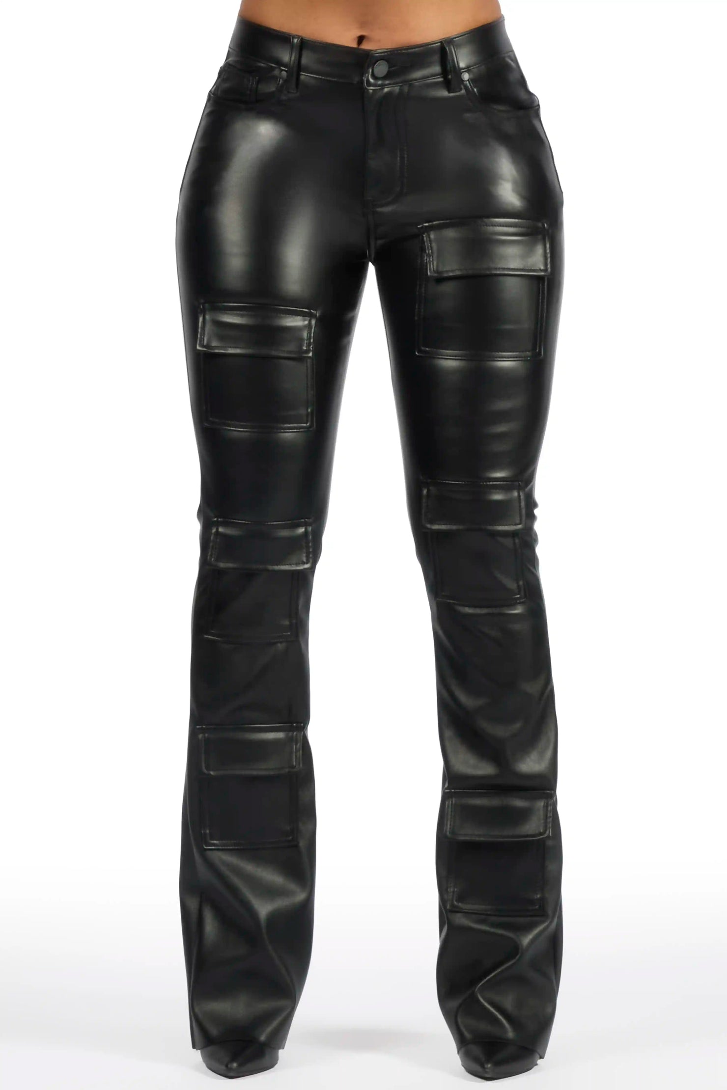 Keazhanae Black PU Cargo Stacked Flare Pant