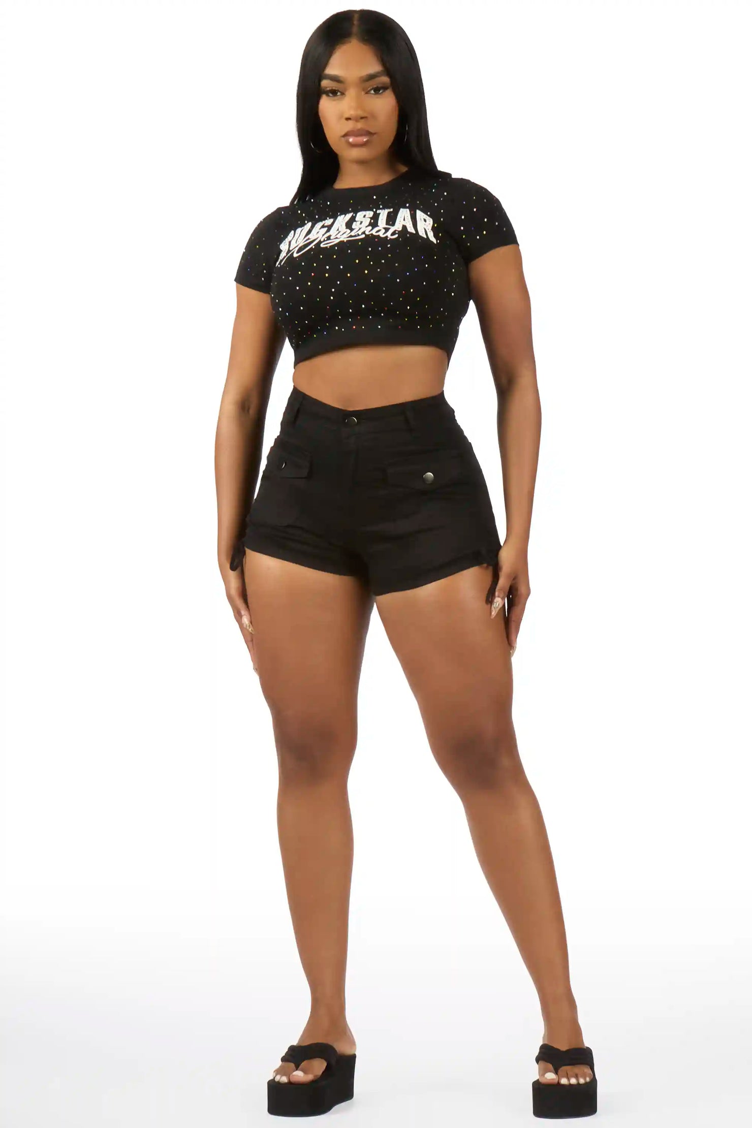 Franchesca Black Rhinestone Crop Baby Tee Shirt