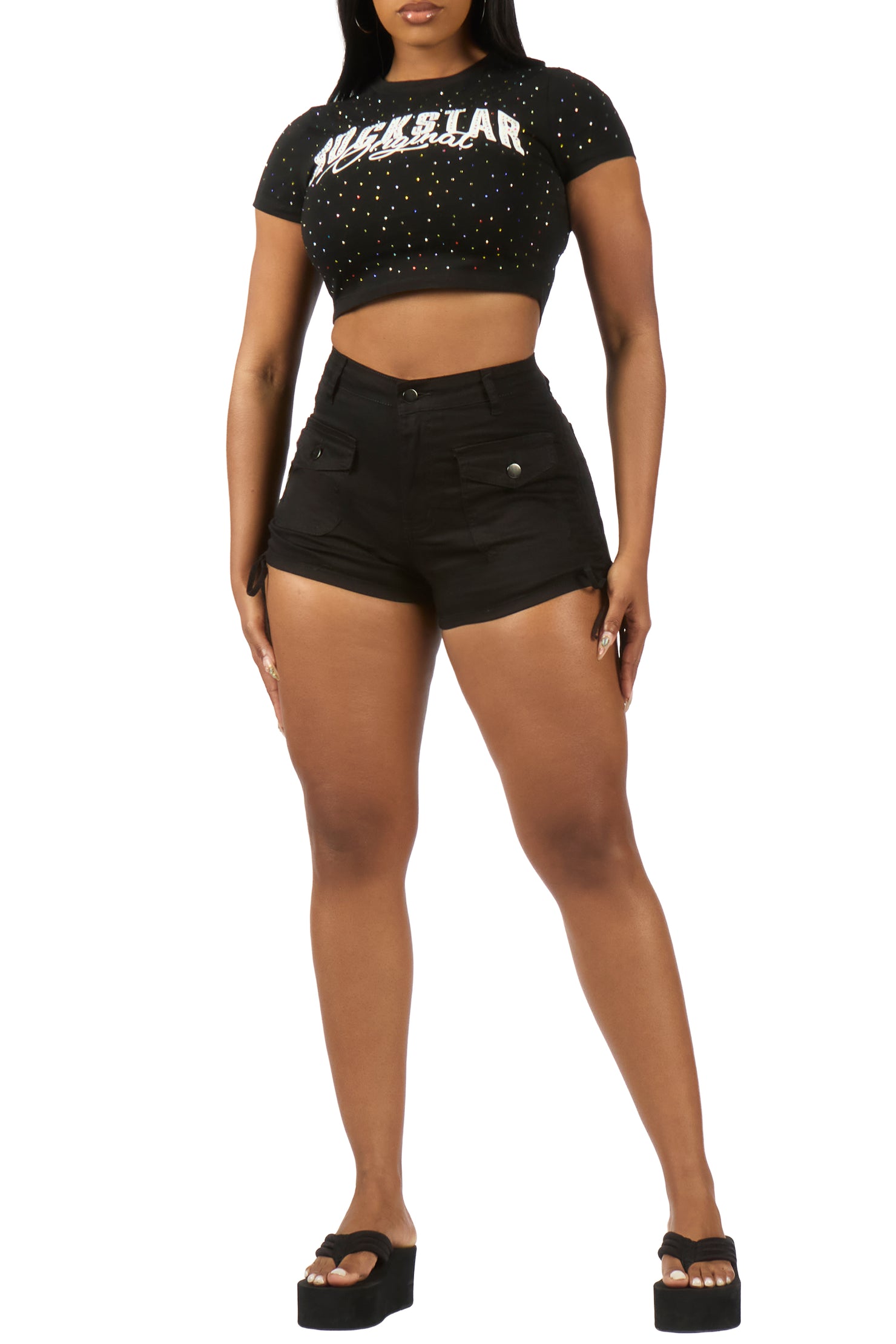 Franchesca Black Rhinestone Crop Baby Tee Shirt