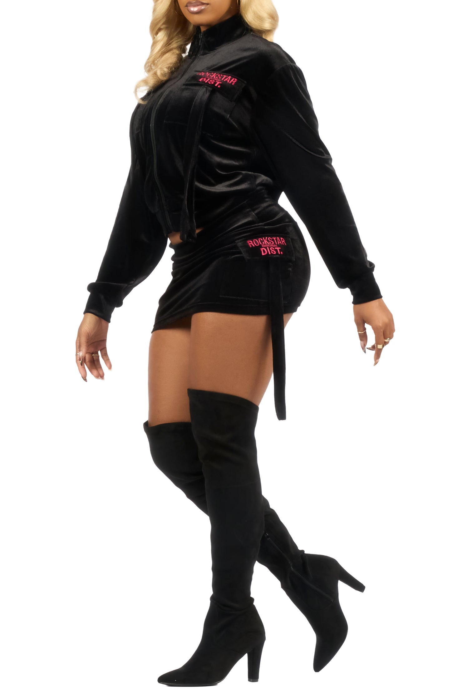 Tangela Black/Pink Cargo Velour Skirt Set
