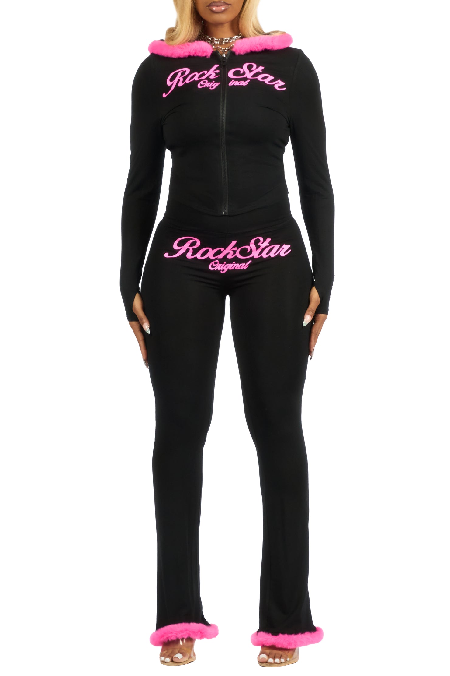 Metrie Black Lounge Track Set With Fur Trim