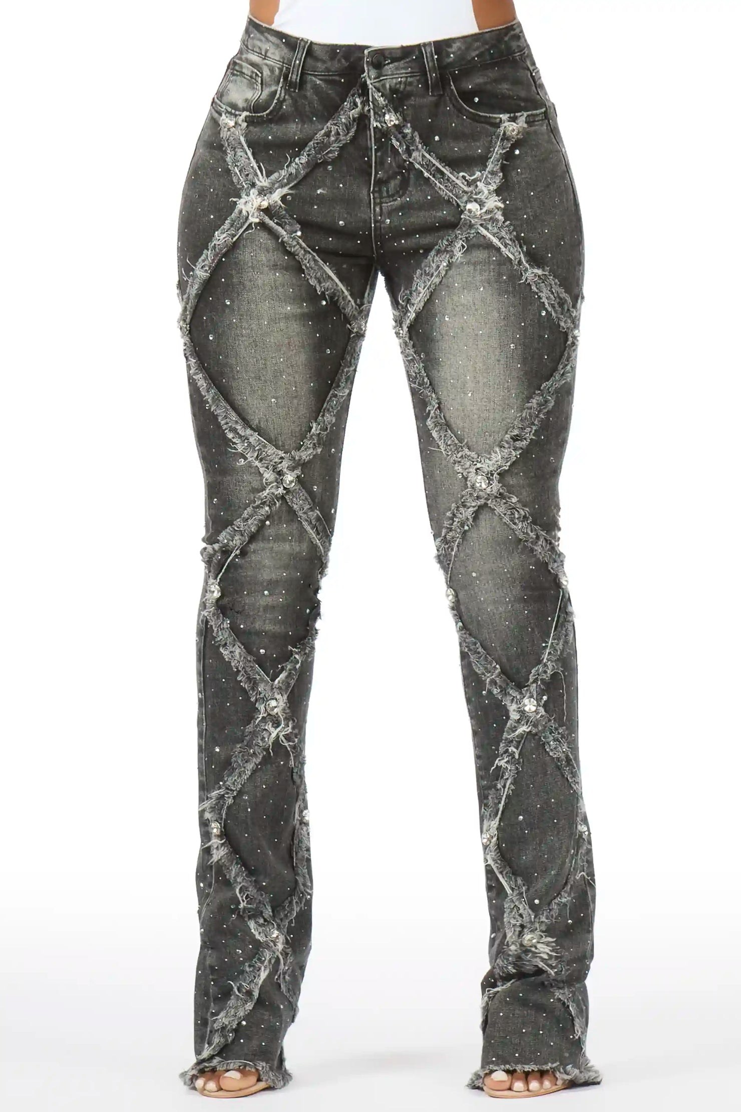 Keericka Grey Wash Rhinestone Stacked Flare Jean