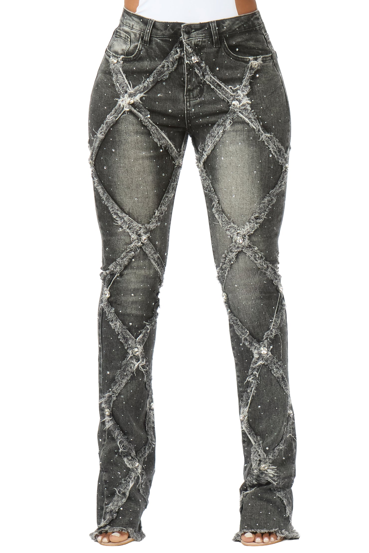 Keericka Grey Wash Rhinestone Stacked Flare Jean